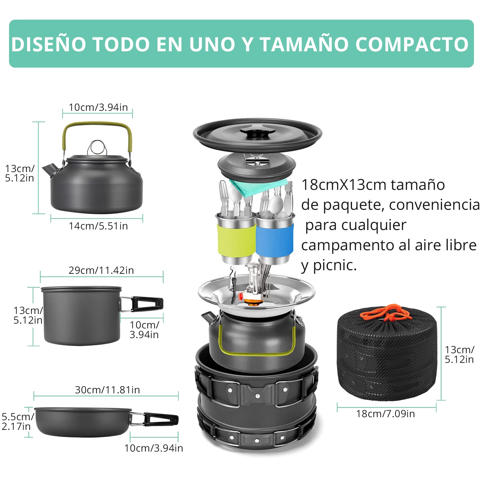 VINTEAM Utensilios Cocina Camping Kit Camping con Certificación FDA Utensilios para Camping con Tipos de Cubos de Agua Portátiles Plegables para Cocinar al Aire Libre/Camping/Senderismo