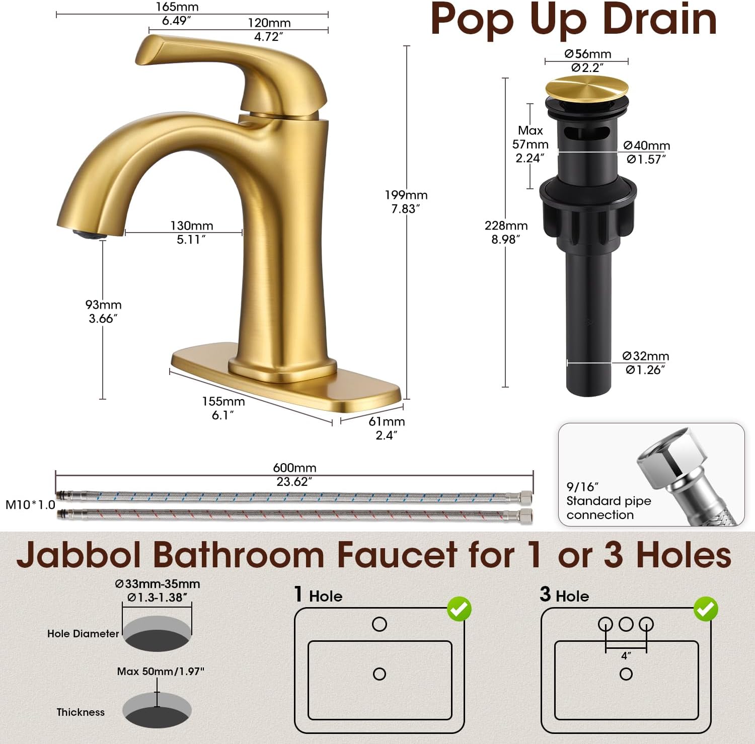 Brushed Gold Single Hole Bath Room Faucets,Brushed Gold Bathroom Faucet,Single Handle Brass Sink Faucet Bathroom for 1 or 3 Holes,with Pop Up Drain Supply Hose for Vanity,Lavatory RV Farmhouse