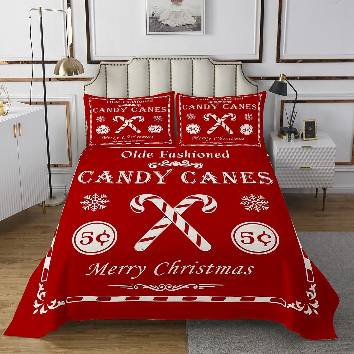 jejeloiu Christmas Bedspread for Kids Boys Girls Christmas Quote Quilted Coverlet Queen Size Candy Canes Print Coverlet Set Bedroom Decor Xmas Red Quilted 3Pcs