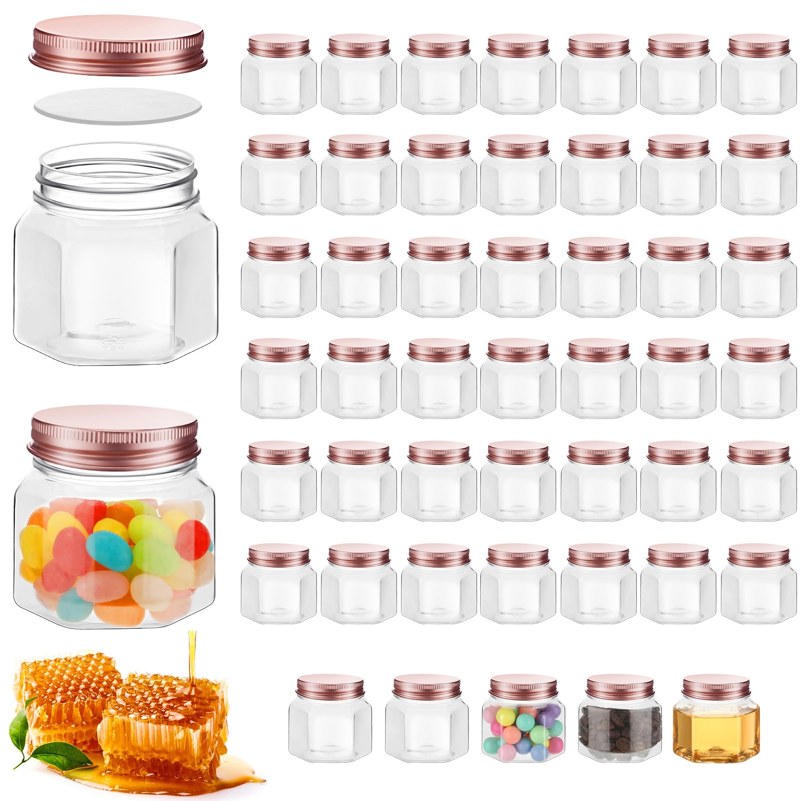 Dandat 50 Pcs 3 oz Hexagon Plastic Jars with Lids Mini Honey Jars Wide Mouth Canning Jars Small Spice Jars for Party Wedding Favors, Baby Shower, DIY Gift, Jelly, Herb, Jams, Candy (Rose Gold)
