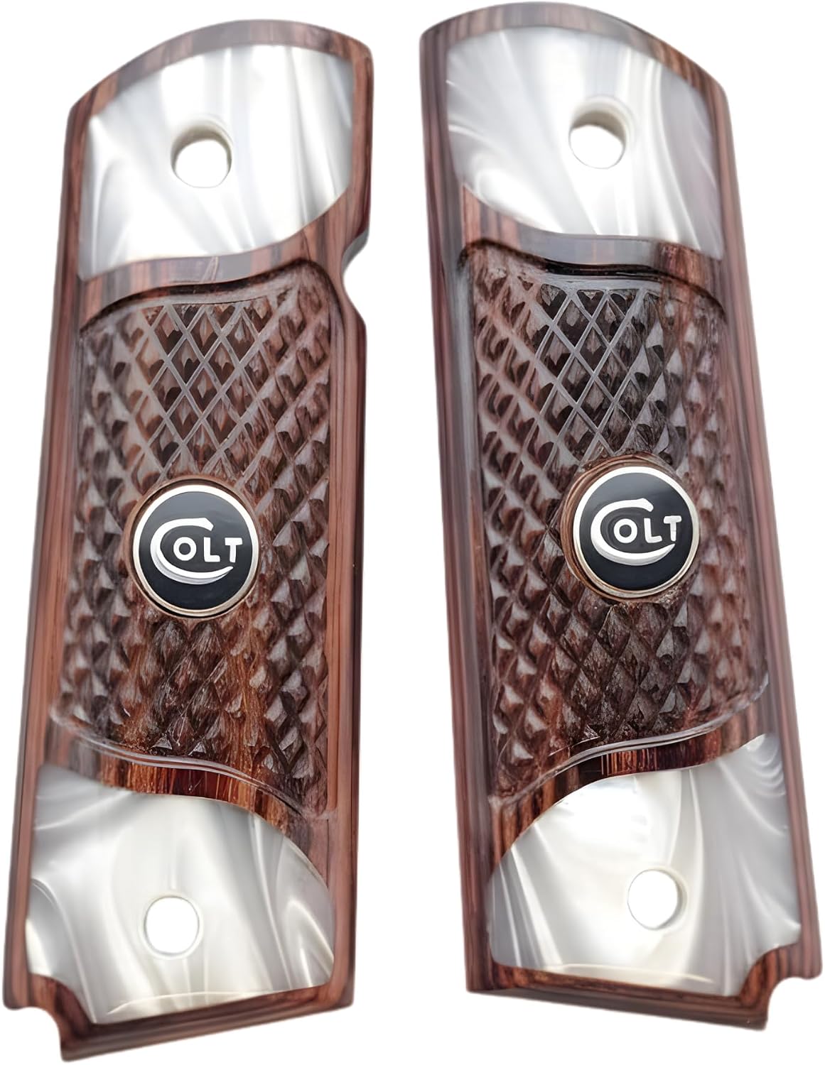 1911 Full Size Checkered Rosewood Grips with Acrylic Pearl with Medallion