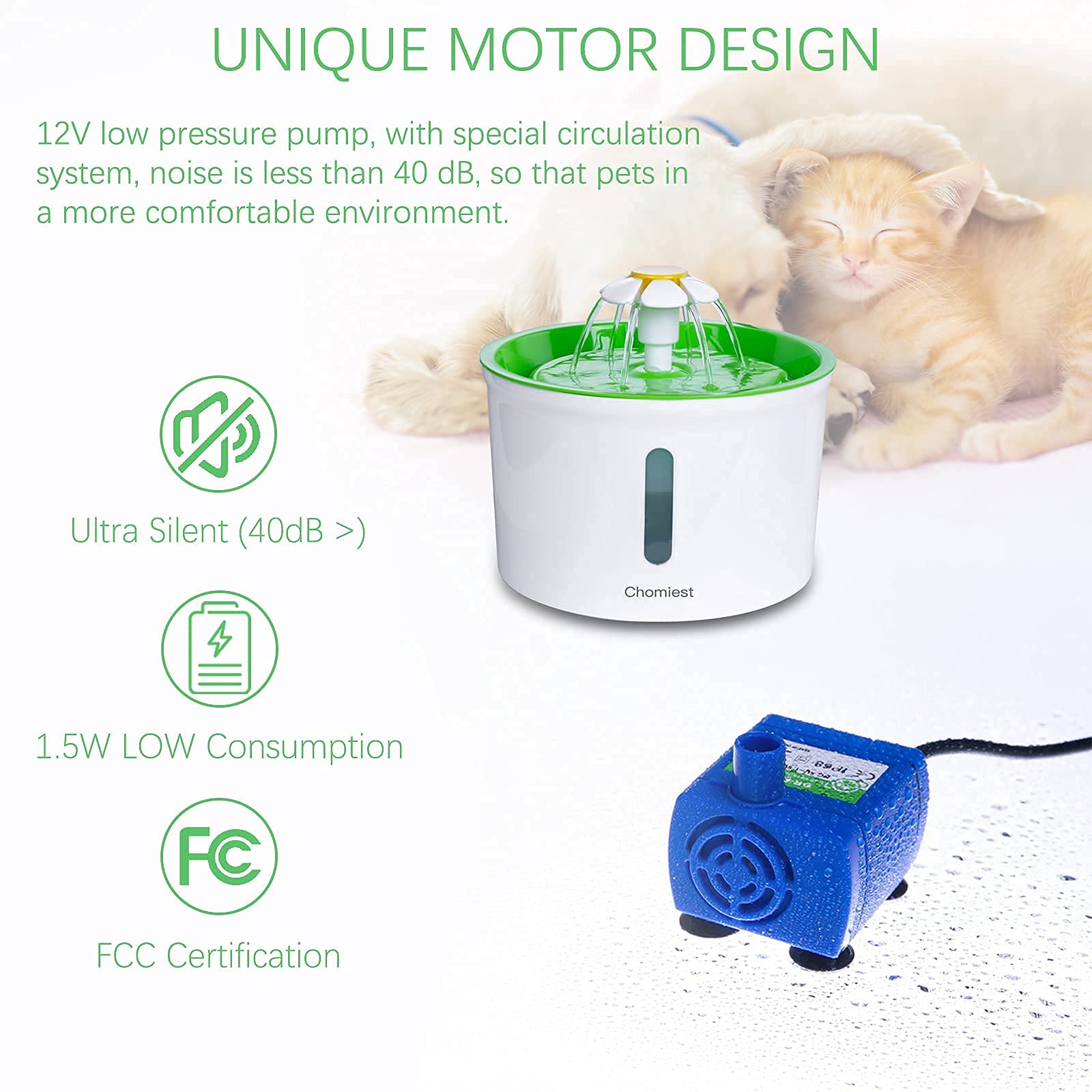 Chomiest - Fuente de agua para gatos de 1.6 L, fuente automática para mascotas, fuentes ultra silenciosas para gatos con ventana de nivel de agua para gatos y perros pequeños (verde)