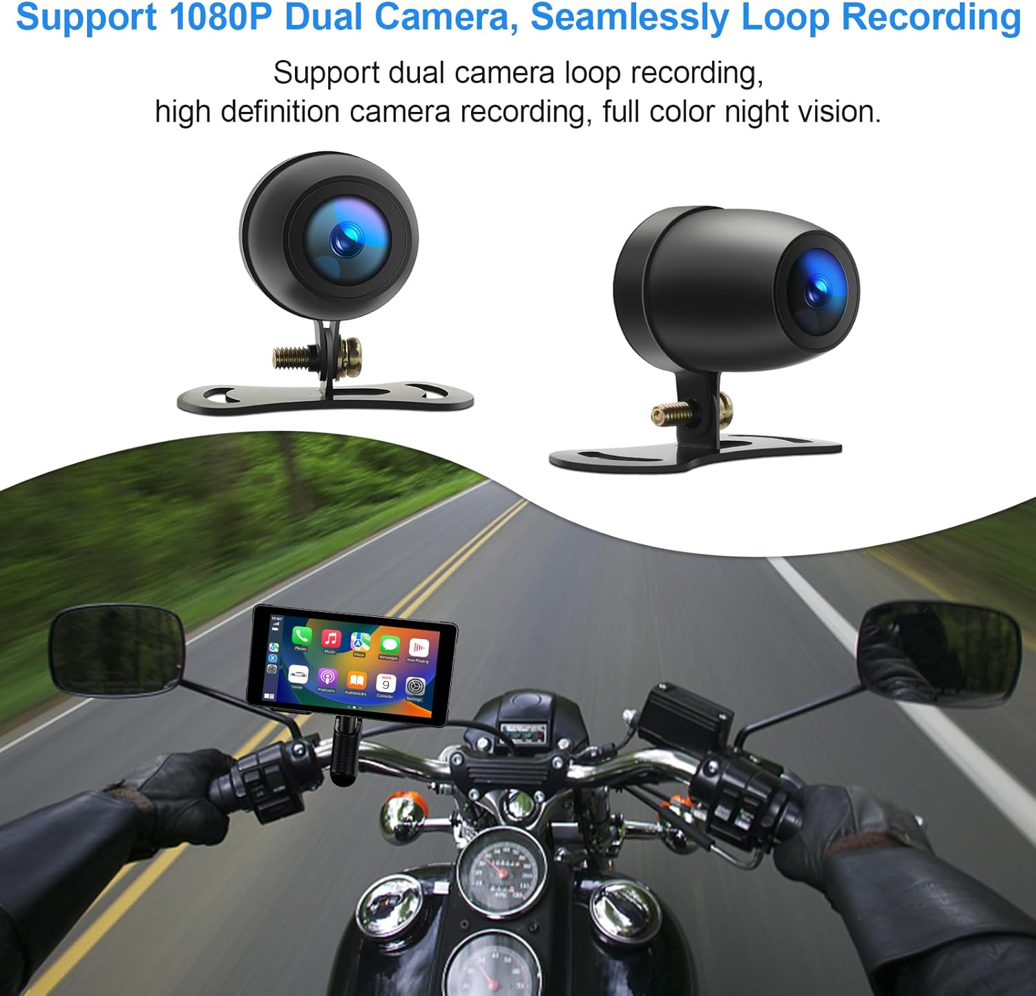 Two 1080P motorcycle dash cameras, front and rear, with a motorcycle in the background showing the main unit mounted.