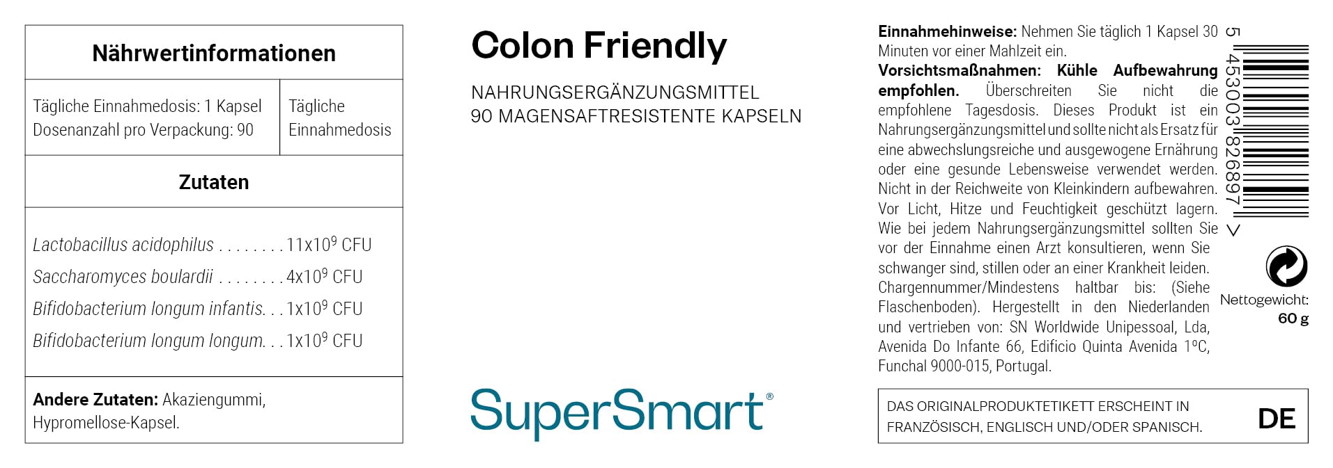 Colon Friendly - Hilft Schmerzen und Beschwerden im Darm zu reduzieren - Reizdarmsyndrom - Patentierter Stamm von Saccharomyces Cerevisiae - Vegan - Glutenfrei - SuperSmart