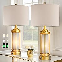 Vista 17 de Juego de 2 lámparas de mesa rústicas para sala de estar, lámpara de mesita de noche vintage de granja con 2 puertos USB, luz nocturna de vidrio verde