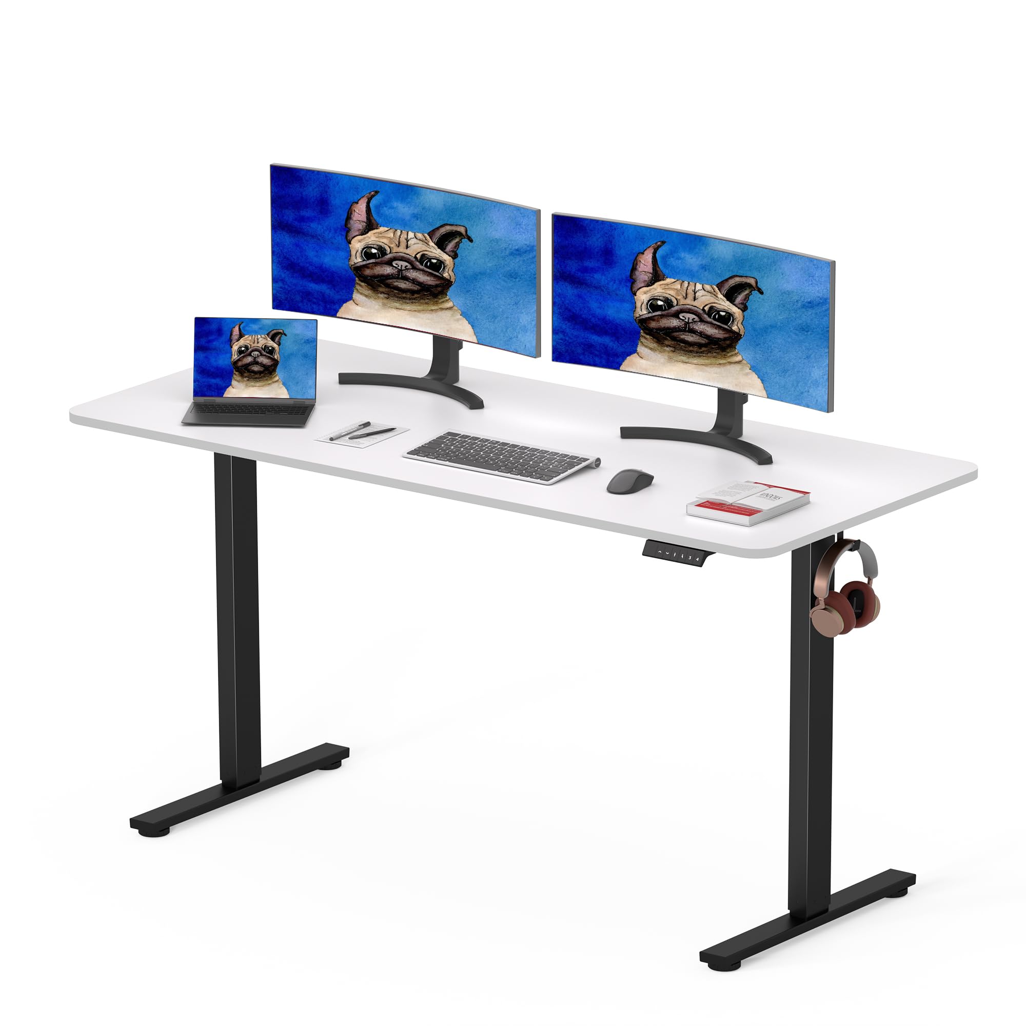 SANODESK 140 x 80cm Electric Standing Desk ONE PIECE Height Adjustable Desk Sit Stand Table Home Office Desk with 4 Height Memory Pre-Sets Smart Pannel and Hooks for Work, (Black Frame+White Desktop)
