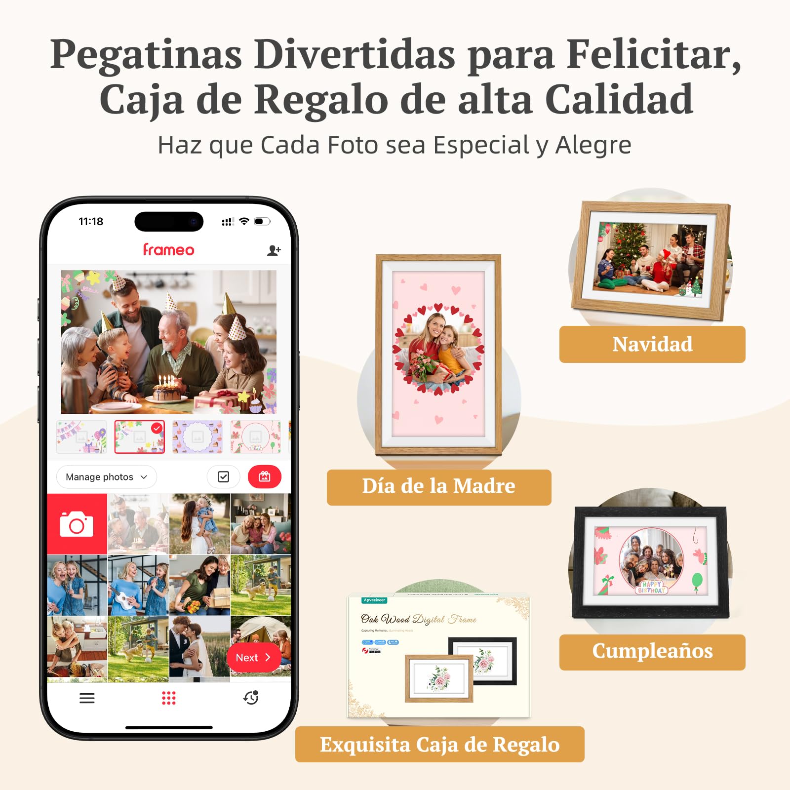 Marco de Fotos Digital WiFi Madera de Roble con 32GB Memoria, Marco Digital 10.1" con Pantalla Táctil IPS HD de 1280 * 800, Comparte Fotos/Videos a Través de la App Frameo, Regalos para Mujer Hombre