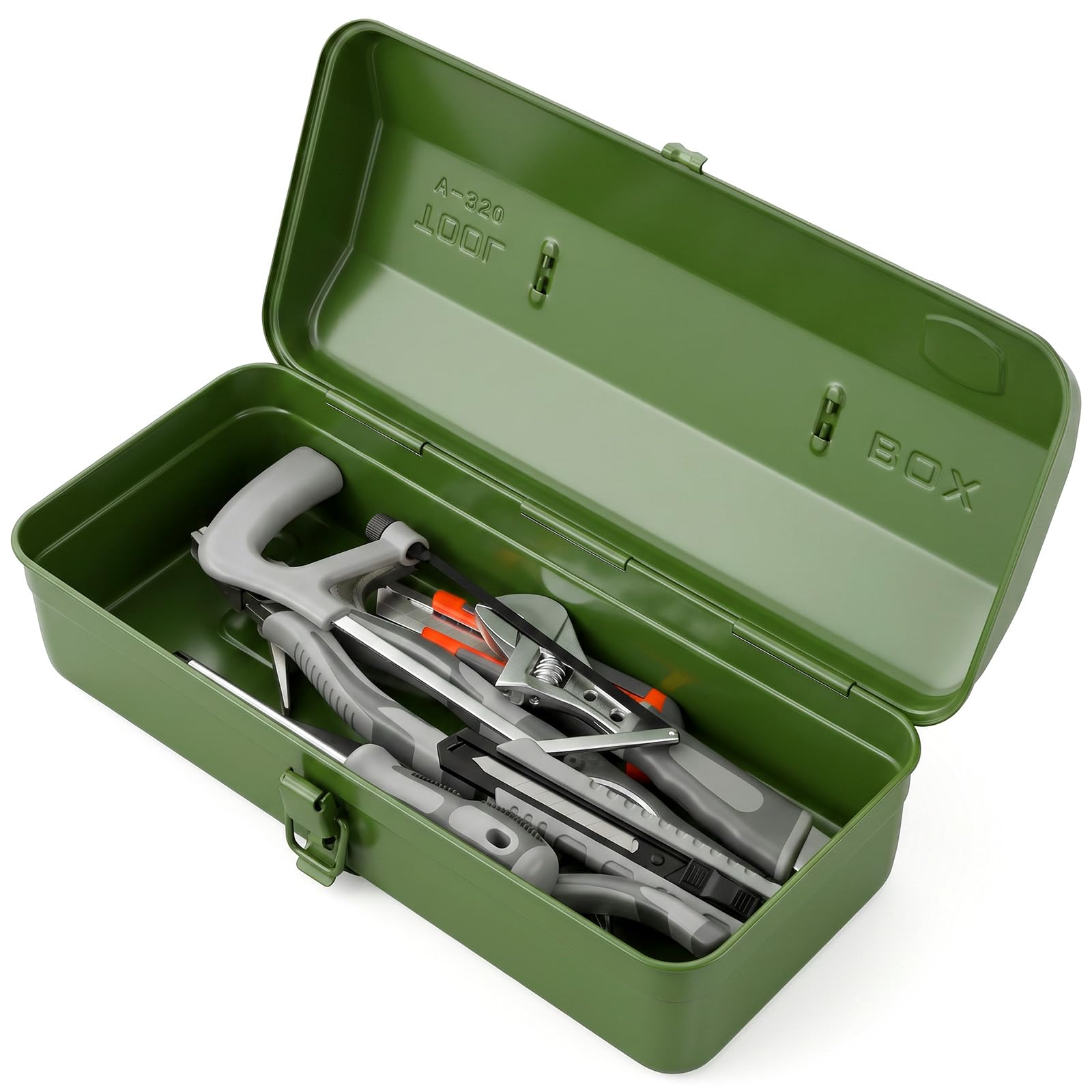 Photo 1 of 15 Inch Metal Storage Box with Lock - Small Tool Box Portable Heavy Duty Steel Tool Case for Home Workshop Garage Organization (Green)