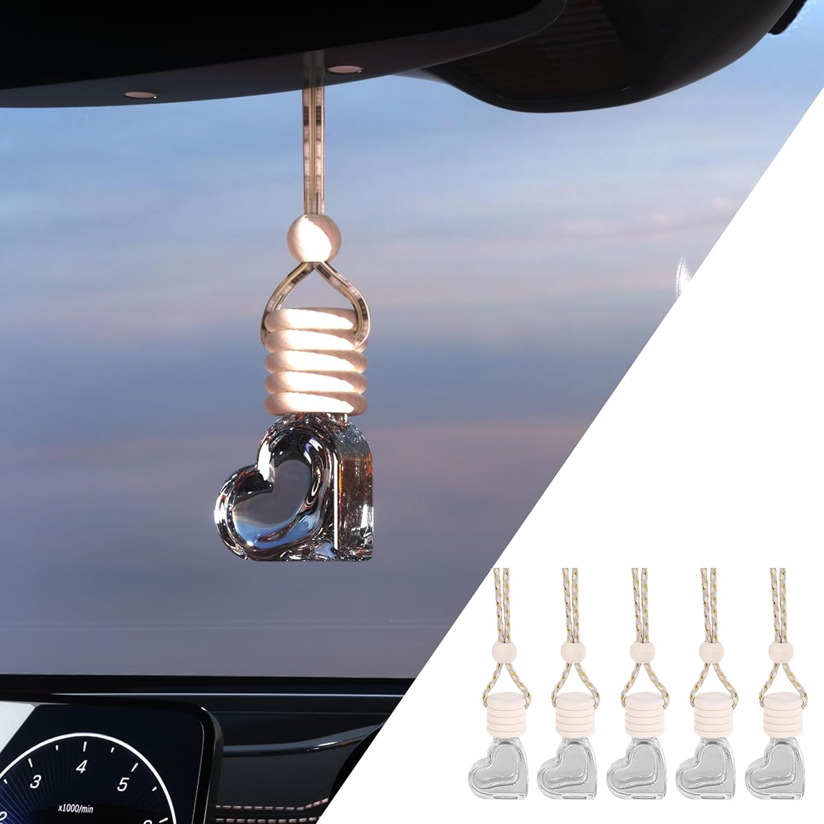 5 ambientadores colgantes para coche, decoración interior de coche, 8 ml, difusor de aceite, perfume, aromaterapia, colgante, botella de vidrio vacía, adorno de fragancia con clip de ventilación, tapa de madera y cuerda (corazón)