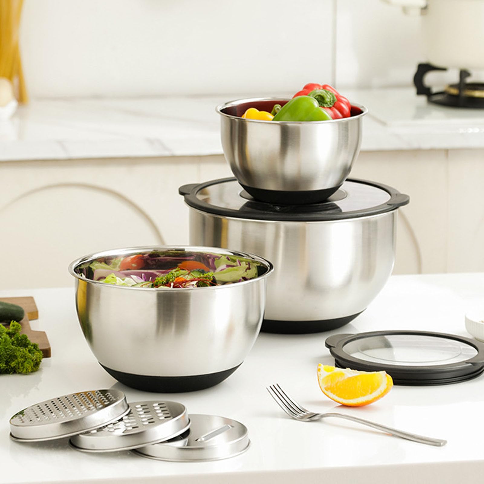 FILFEEL 3-teiliges Edelstahl-Rührschüssel-Set mit Luftdichten Deckeln, Ineinander Steckbares Küchenschüssel-Set, 0,5 L, 2,5 L, 4, mit 3 Reibenaufsätzen, Rutschfeste Silikonböden, Spülmaschinenfest