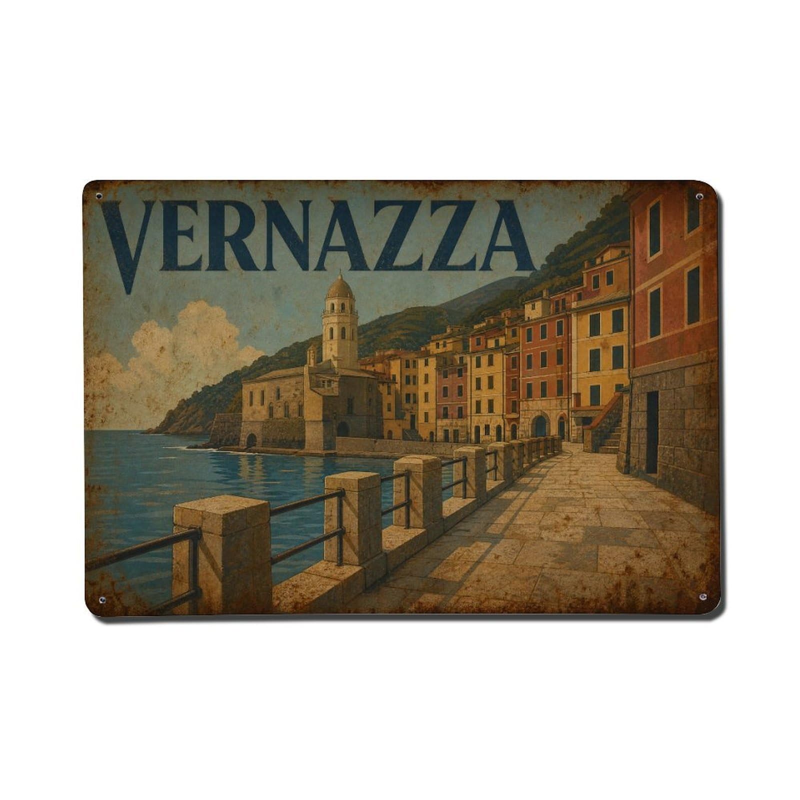 Vintage Travel Vernazza Waterfront Promenade Seaside Italy Metal Tin Sign