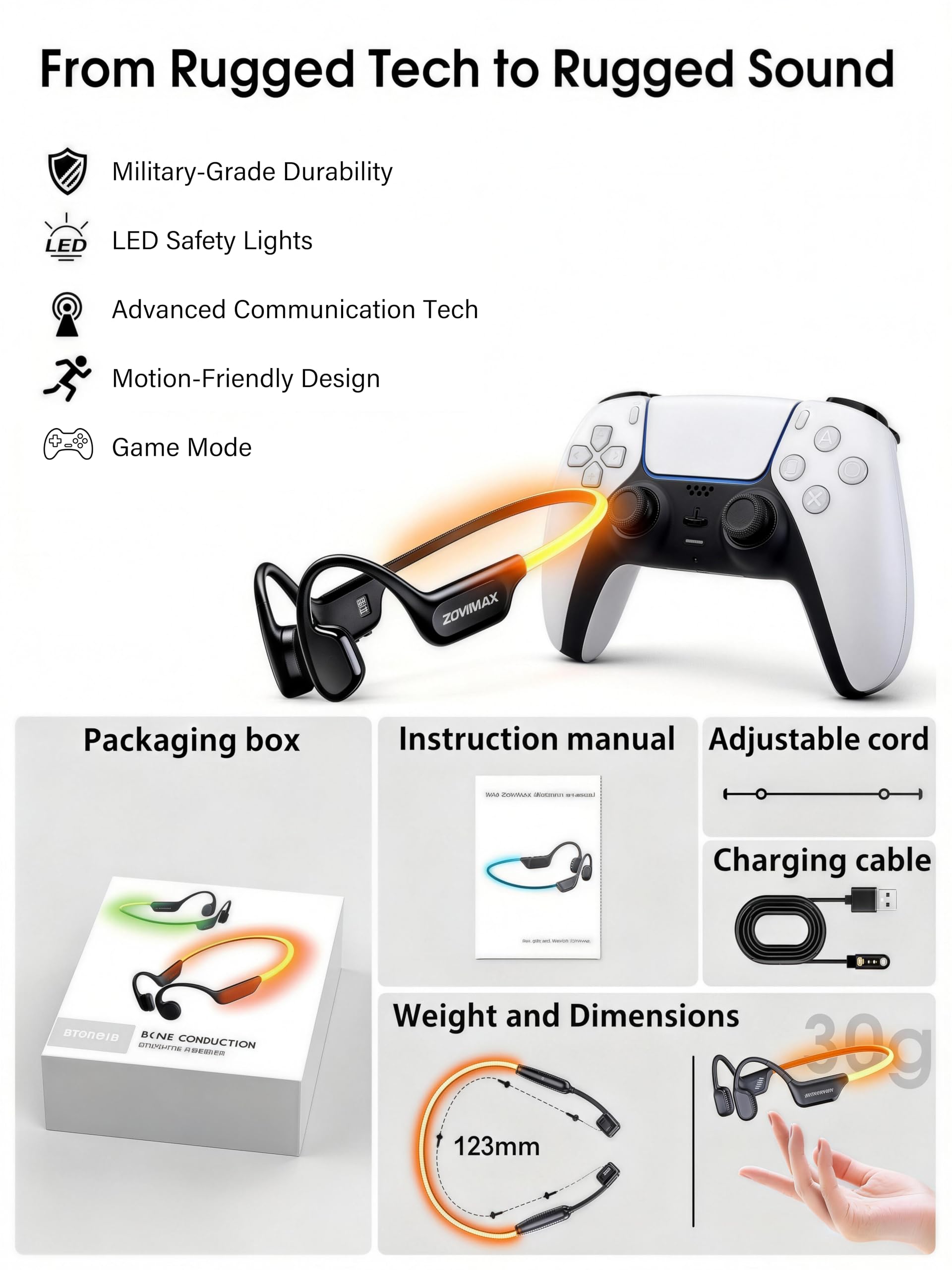 Knochenschall Kopfhörer Bluetooth 6.0 mit LED-Sicherheitslicht, Open Ear Sportkopfhörer Bluetooth mit Mikrofon, IP7 wasserdicht, 10Std Sportkopfhörer für Fitness/Radfahren/Laufen, Schwarz-Orange