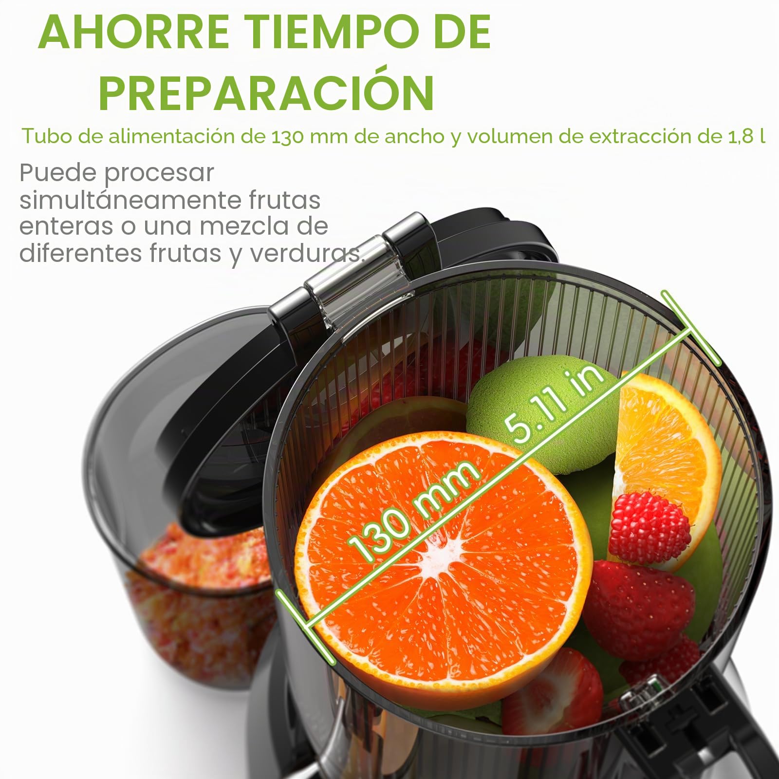 Exprimidor de Prensa en Frío, BioloMix Exprimidor de Masticación Lenta con 13CM Extra Large Feed Chute Fit Whole Frutas y Verduras con Triple Filtro, Fácil de Limpiar, BPA Free 250W DC Motor | Conducto de alimentación extra grande de 13 cm, para frutas y