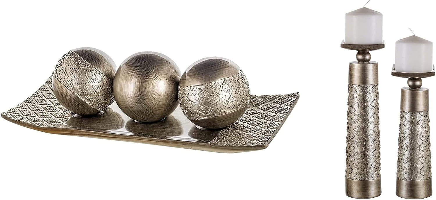 Creative Scents Dublin Silver Home Decor Tray with Orbs and Matching Candle Holder Set of 2 - Coffee Table Mantle Decor Centerpiece Table Decorations for Living Room Decorative for Dining Table
