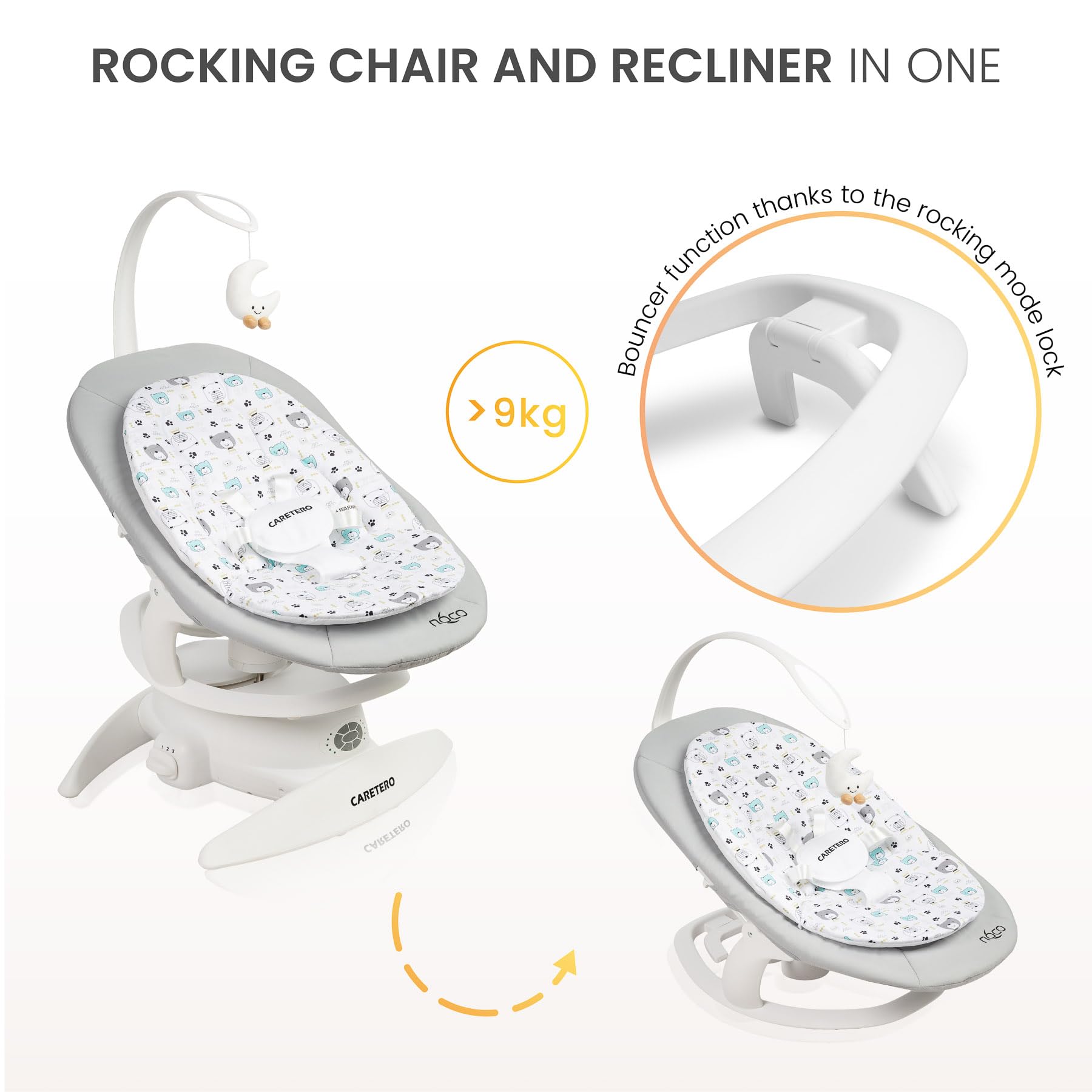 CARETERO - NOCO Baby Rocker - für Babys 0-12 Monate - mit Musik, 360° Drehsitz, Verstellbarer Rückenlehne - Verschiedene Schaukelmodi & Geschwindigkeiten - Graphit
