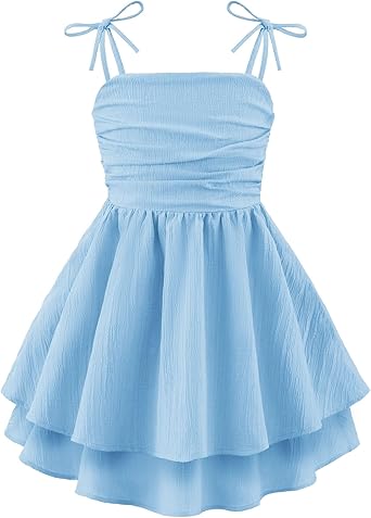Arshiner Girls Summer Spaghetti Strap Dresses Flowy Tiered Ruched Smocked Back Casual Beach Midi Sundress