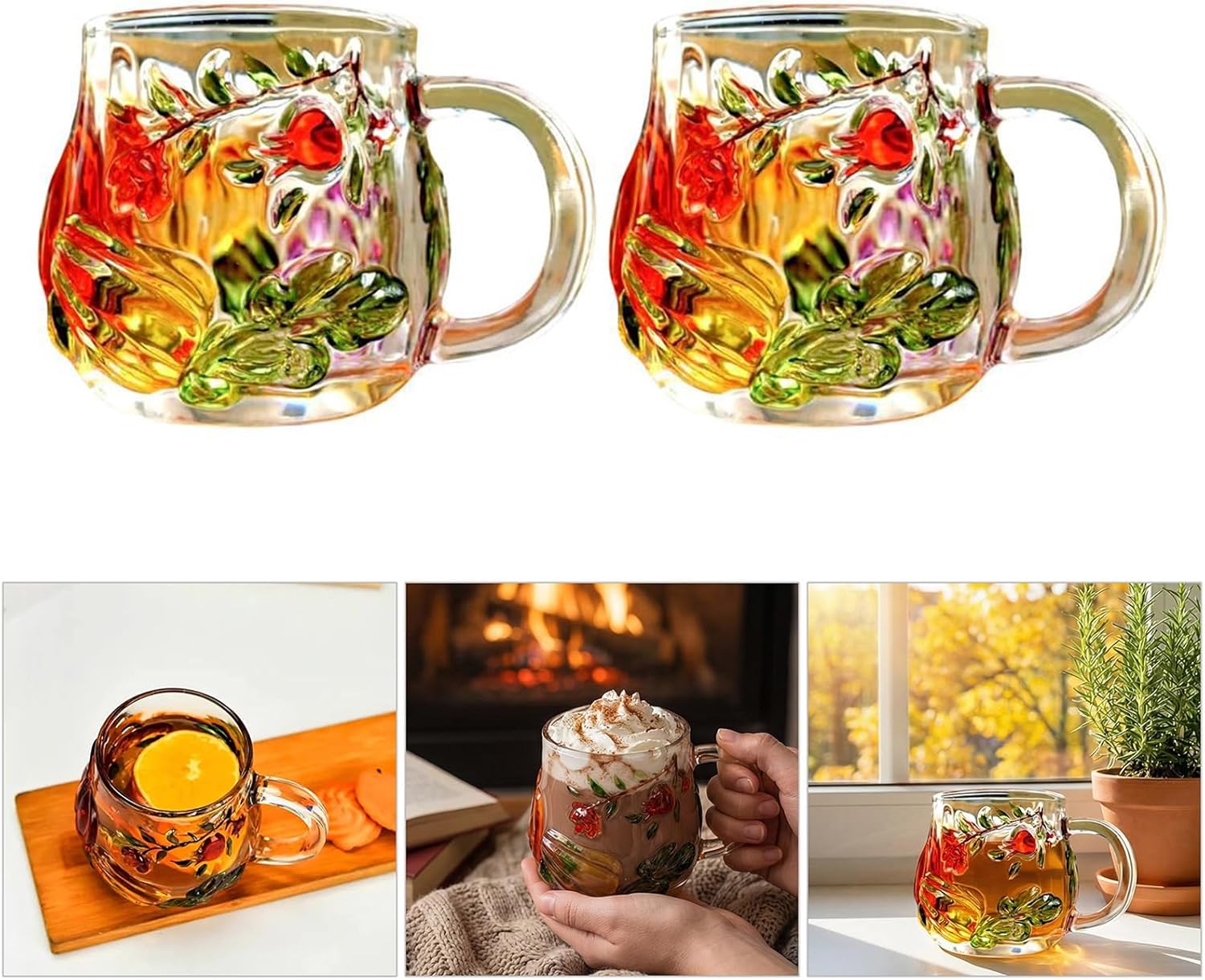 Glass Coffee Mugs, Hand Painted Coffee Cups with Handle, Soup Mug for Milk, Hot or Cold Drink Birthday Gift Soup Mugs with Handle