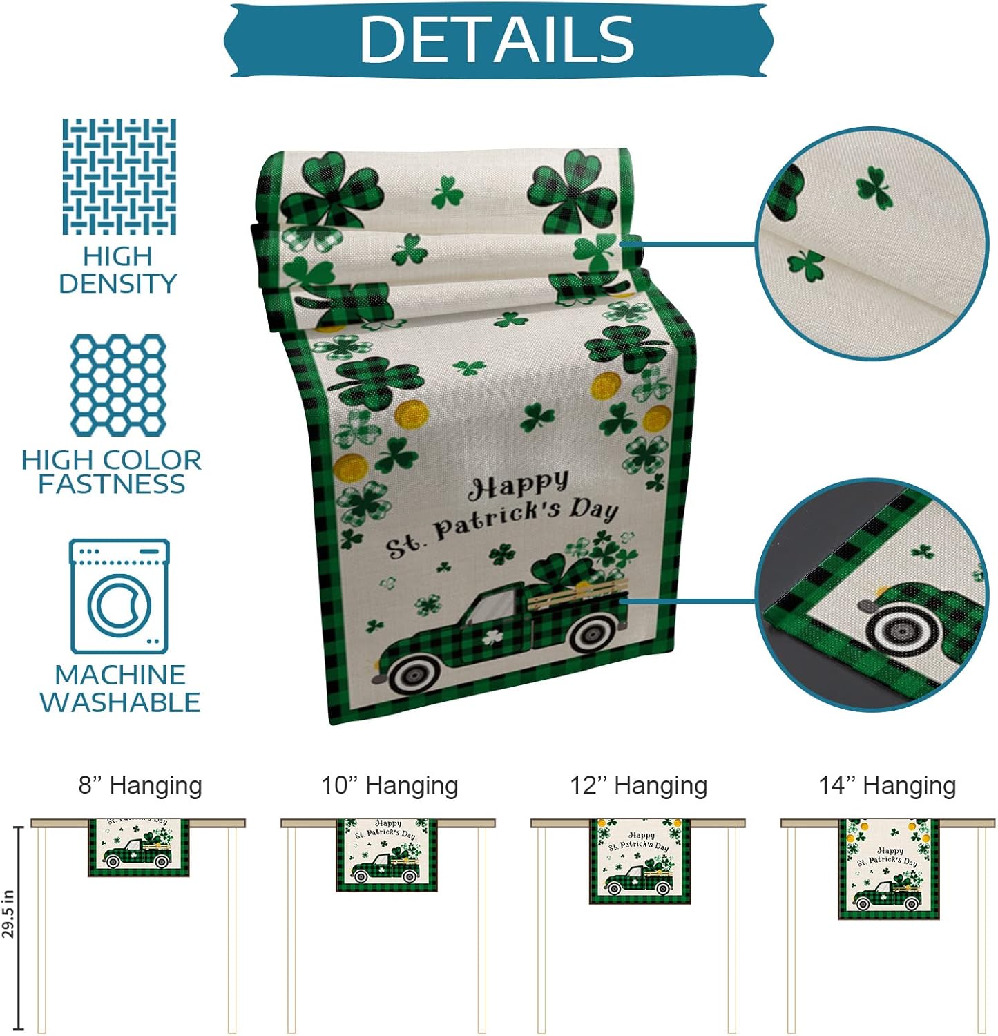 Happy St. Patrick's Day Dining Table Runner Dresser Scarves,Green Buffalo Plaid Truck Lucky Shamrocks Gold Coin Table Runners 108 Inches Long,Non-Slip Coffee Table Decor for Party Holiday Dinner