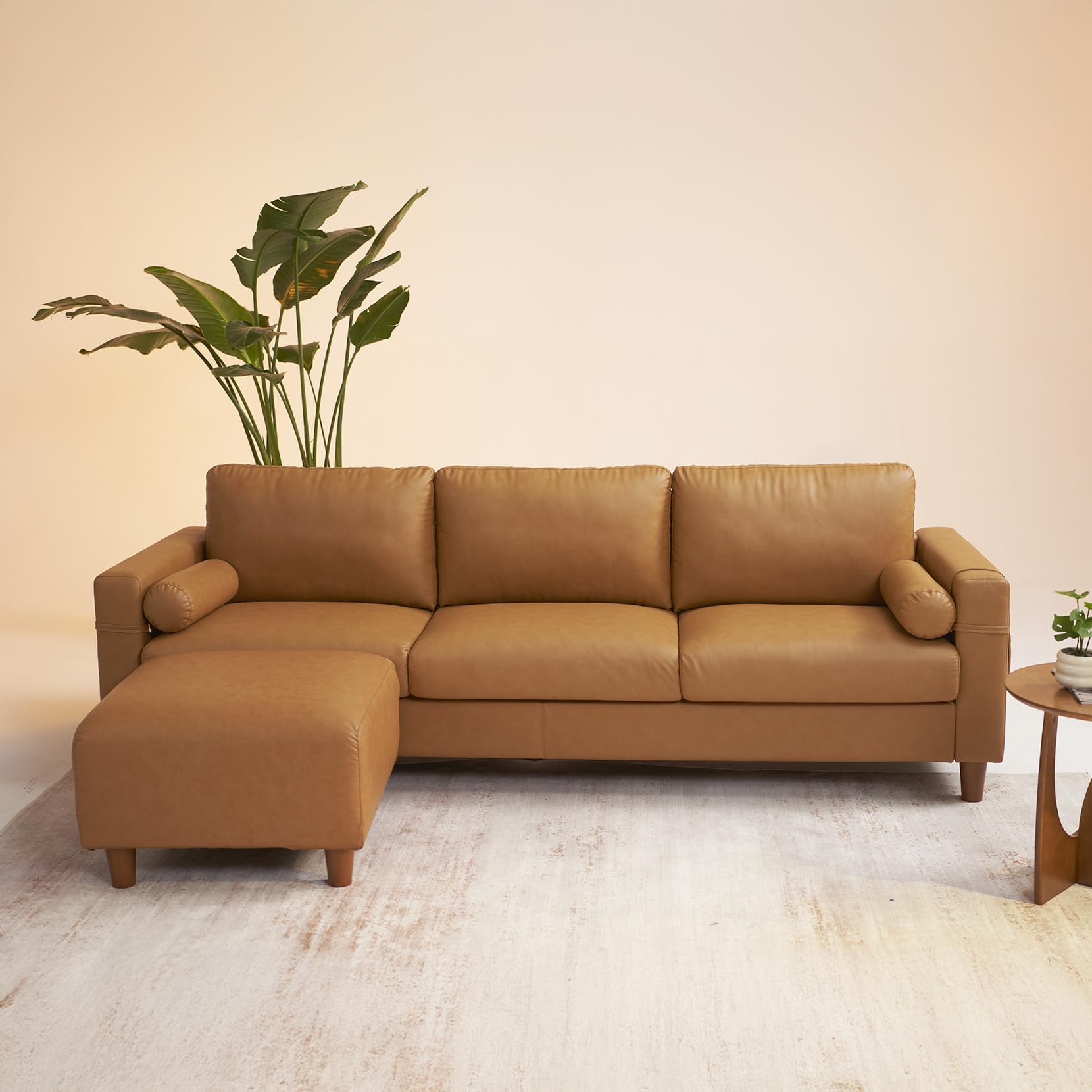 Vesgantti 100" Faux Leather Couch with Movable Ottoman, 3 Seater L Shaped PU Leather Sofa with Side Pocket, Comfy Mid Century Modern Modular Sectional