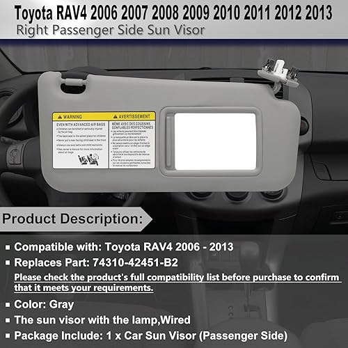 Miniatura 9 de Visera solar del lado izquierdo del conductor compatible con Toyota RAV4 2006 2007 2008 2009 2010 2011 2012 2013 con repuesto de luz 74320-42501-B2,