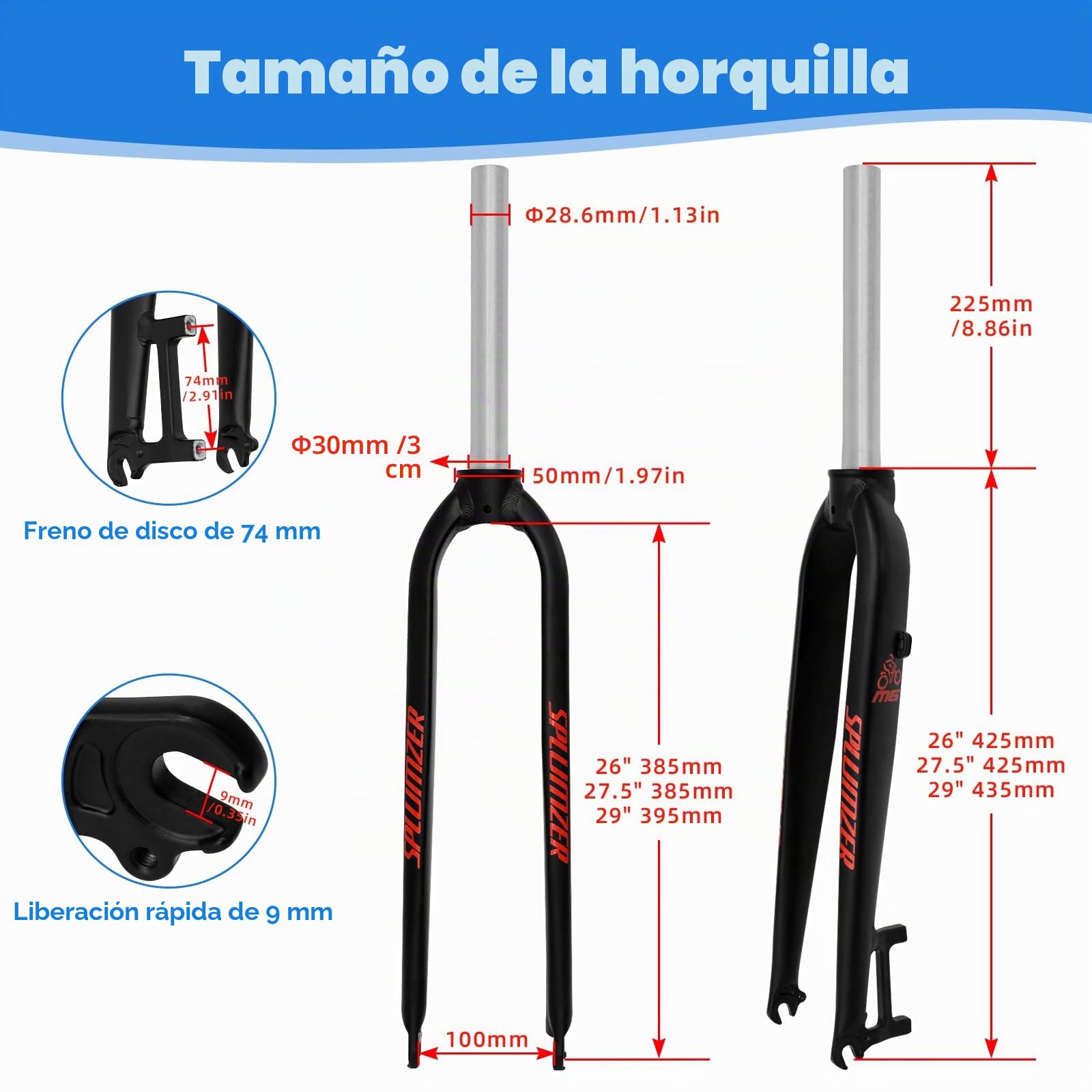 Horquilla MTB de Freno de Disco rígido de aleación de Aluminio de 1-1/8 "26/27. 5/29", Horquillas Delanteras de Bicicleta de montaña superligeras de Tubo Recto sin Rosca de 28,6mm