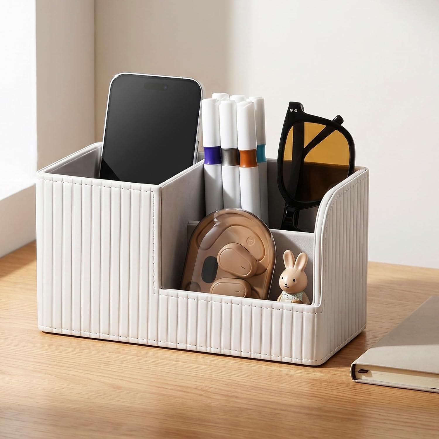 Desk Pen Organizer, PU Leather Desk Organizer with White Stripe, Small Desks Organizers for Office Supplies, Pen Holder for Desks, Pencil Holder, Night Stand Organizers, 8.26"L x 3.93"W x 4.3"H image 5