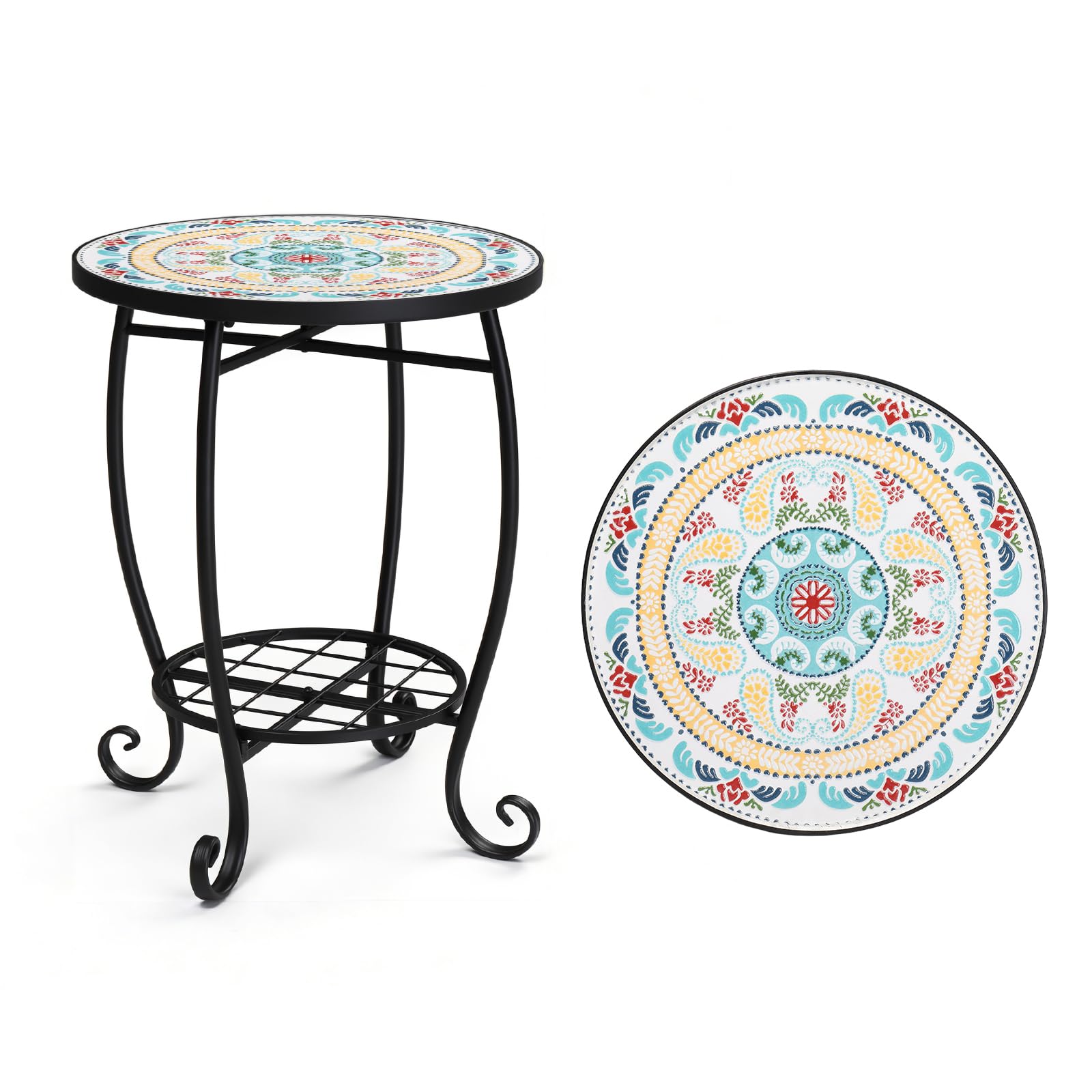 Bonnlo Mosaic Garden Table, Small Outdoor Table with 35cm Ceramic Top, Round Plant Stand for Garden/Balcony, Moroccan Mint โ image 1