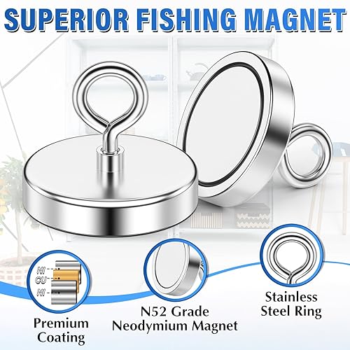 Miniatura 23 de Imán de pesca de neodimio, fuerza de tracción de 150 libras, imán fuerte de tierras raras con perno de ojo avellanado para colgar, hogar, cocina