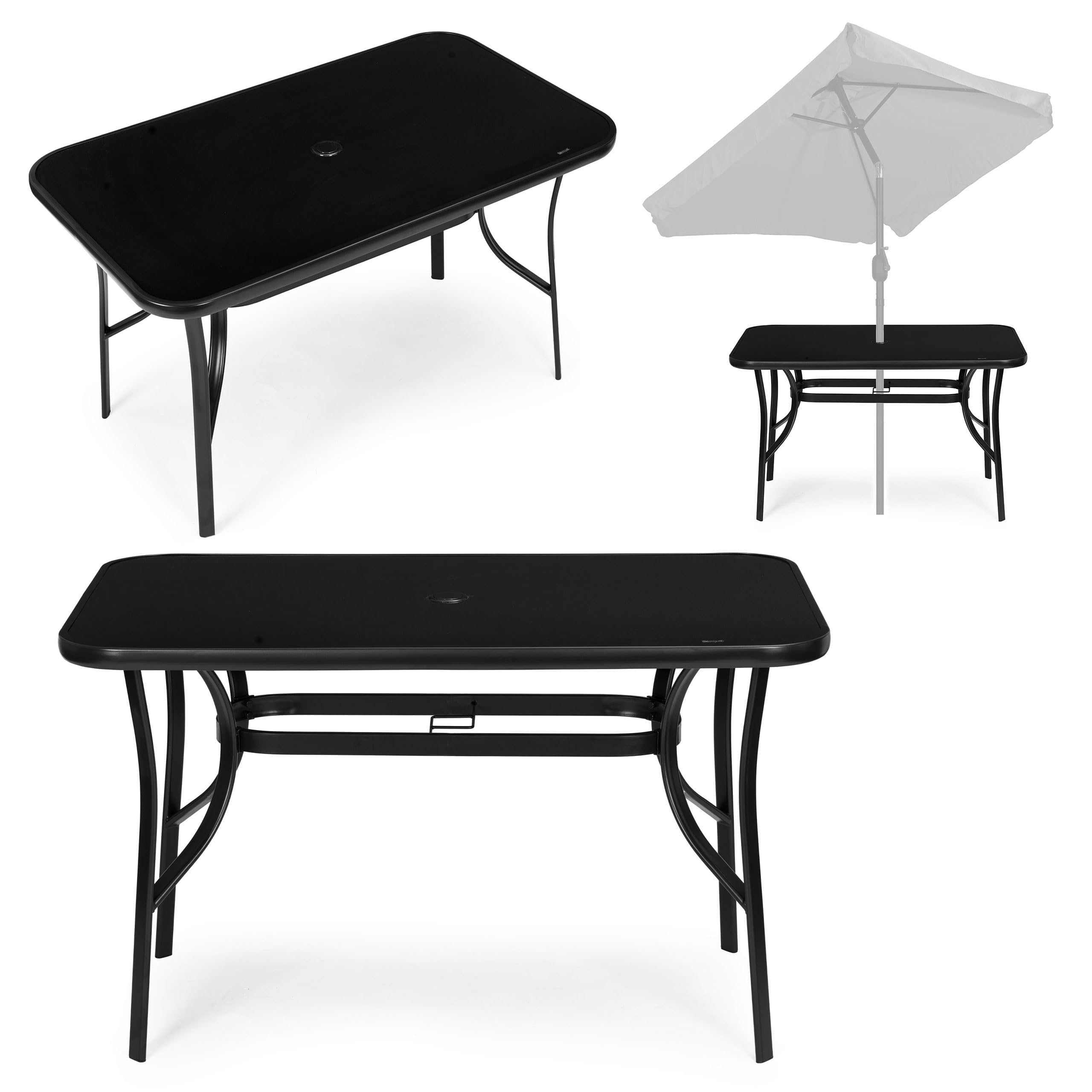 Mesa de jardín de 120 x 70 cm con tablero de cristal templado, mesa de terraza con orificio para sombrilla, mesa rectangular para balcón, mesa de exterior de acero