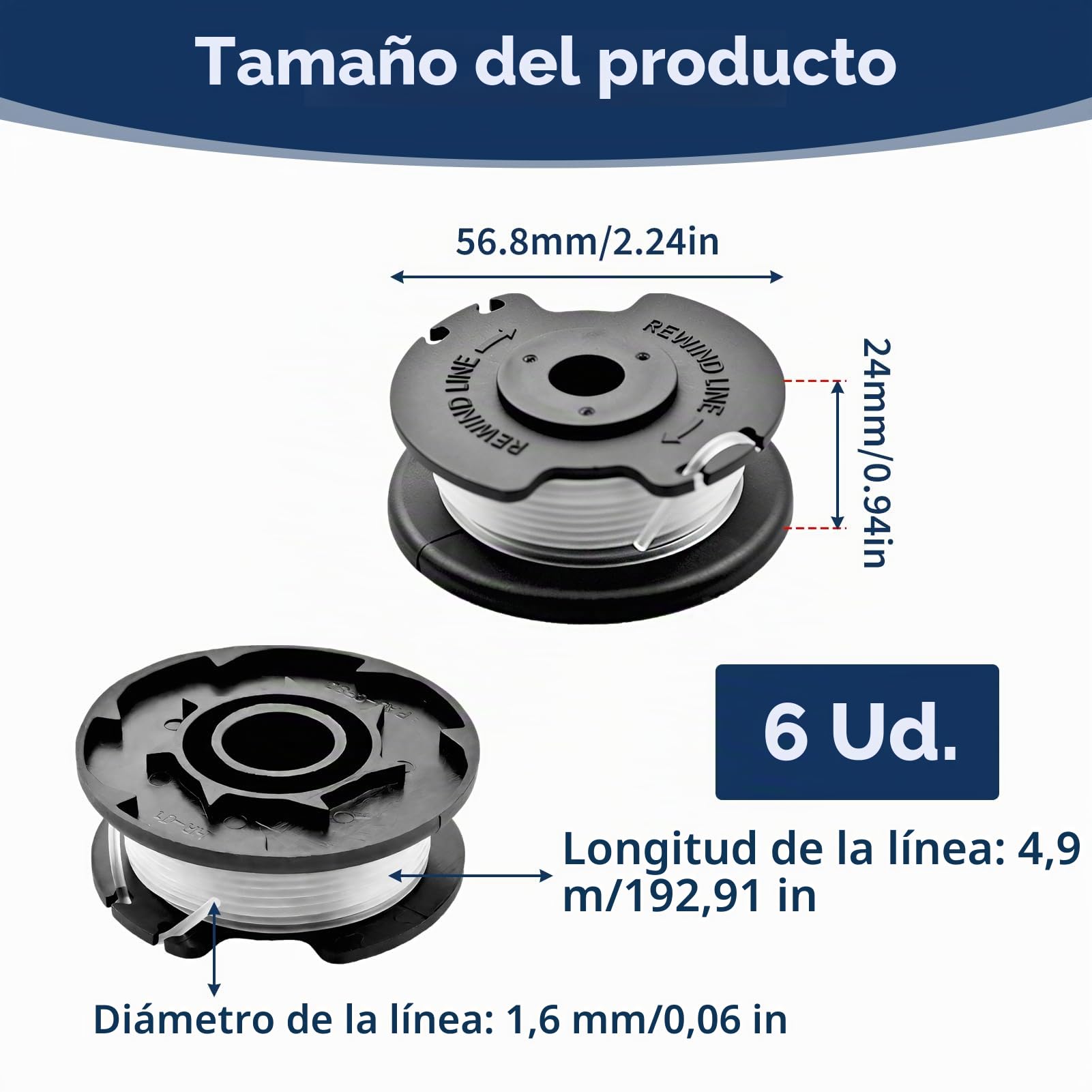 6 Piezas Bobina de Hilo para Einhell, Bobina de Repuesto para Einhell TLE-03 Cortacésped, Compatibles con GE-CT 18/28 Li, GE-CT 18/28 Li TC, Cable Nylon 1,6 mm, 4,9 m Longitud, Alimentación Automática