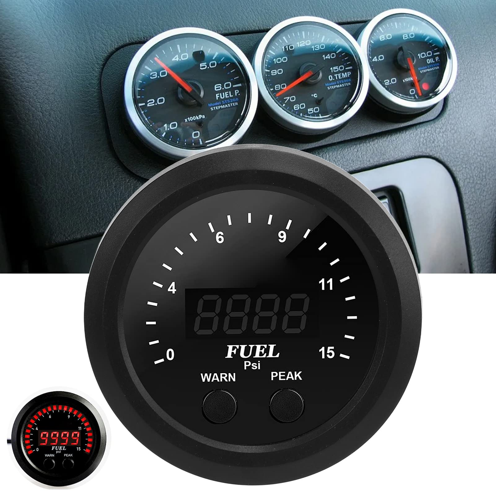 Tbest Medidor de Presión de Aceite de 15 PSI 0-15 Medidor de Presión de de 52 Mm LED Rojo Ultradelgado Preciso Estable Antivibración 12 V NPT 1/8 con Fondo Blanco para Modificación de