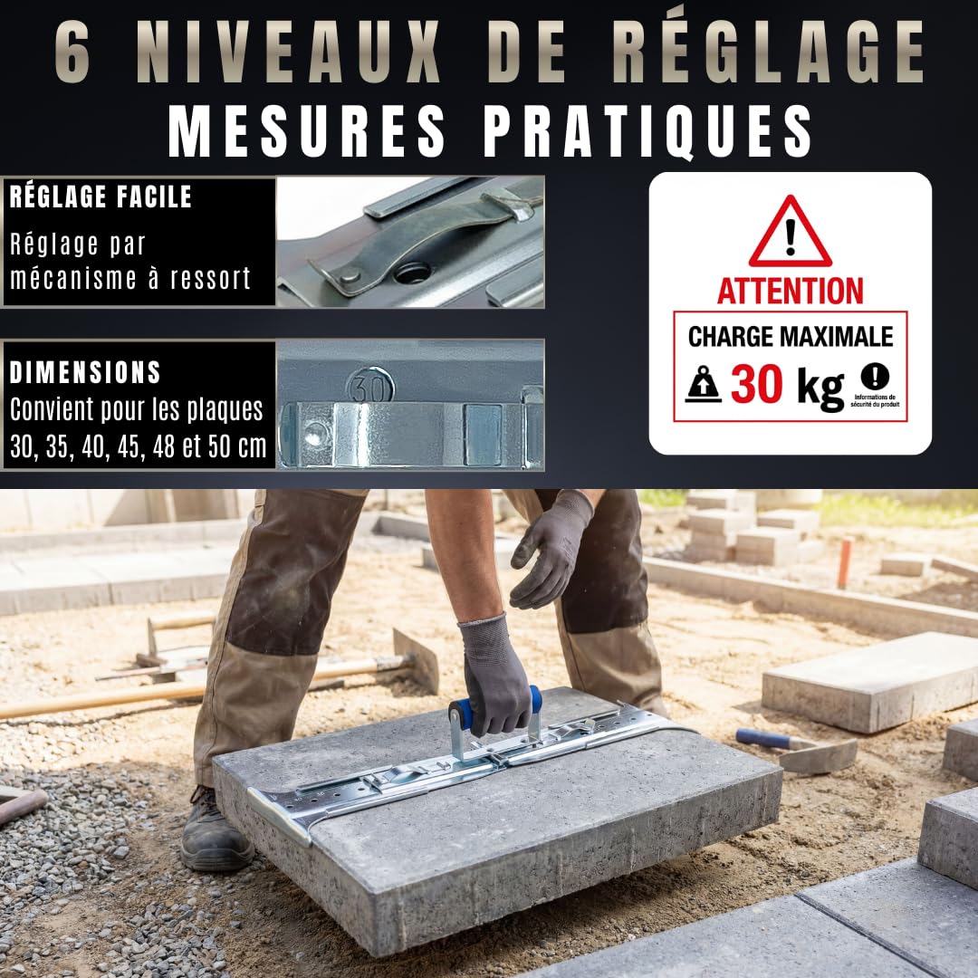Pangolino - Lève dalle/plaques de terrasse réglables 300-500 mm porte dalles avec poignée ergonomique - Charge maximale : 30 kg - Support de plaque réglable sur 6 niveaux