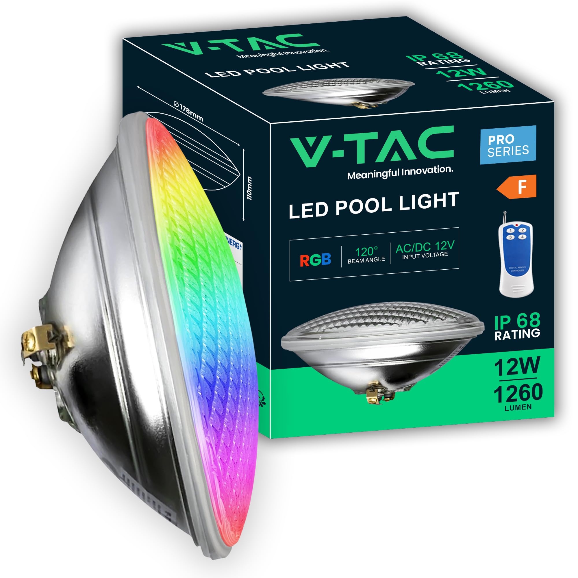 V-TAC Lampada Led da Piscina Multicolore RGB 12W - CON TELECOMANDO - PAR56 - Lampada Vetro Antiurto IP68 per Illuminazione Piscine e Fontane - 1260 Lumen - Luce Colorata Subacquea
