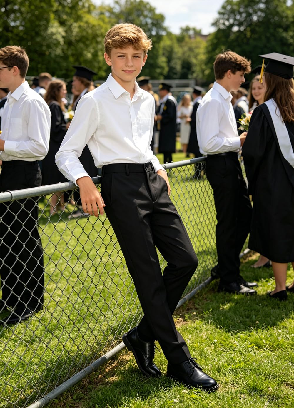 Chłopięce spodnie z płaskim przodem regulowana talia mundurki szkolne spodnie