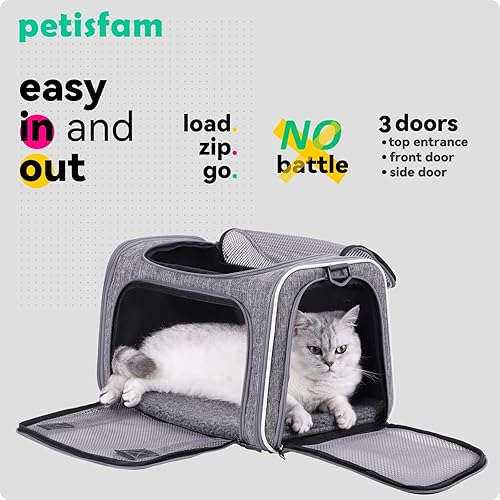 Miniatura 10 de petisfam - Transportador suave para gatos medianos y perros pequeños con cama acogedora, 3 puertas, entrada superior, aprobado por aerolíneas, a