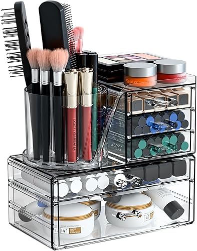 Miniatura 8 de Organizadores de maquillaje de acrílico transparente para tocador, encimera, paquete de 3 organizadores de cajones de maquillaje con soporte para