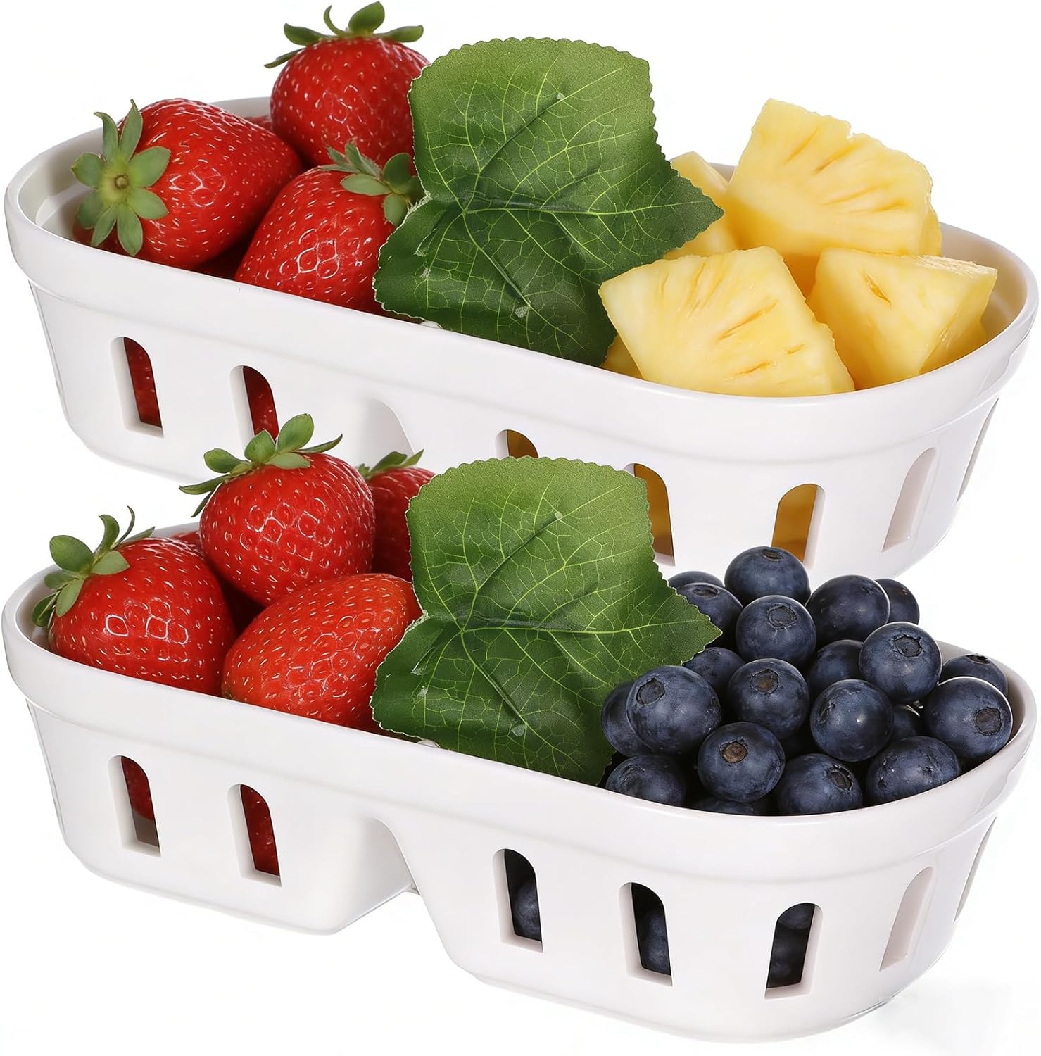2 Pcs Ceramic Berry Basket, Square White Fruit Bowls with Holes