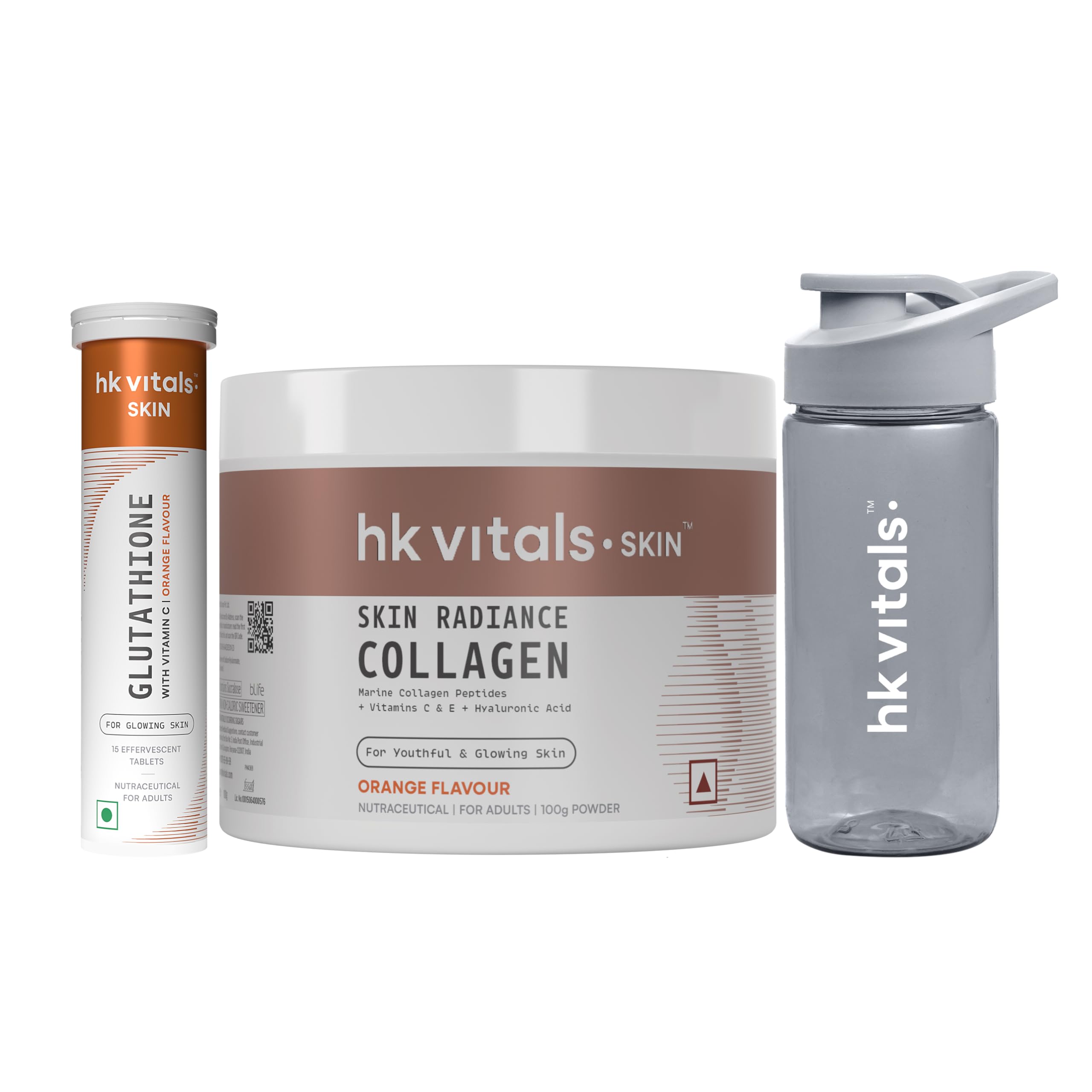 hk vitals Glutathione (Orange, 15 Effervescent Tablets) with Skin Radiance Collagen Supplement with Biotin, Orange, 100 g & Sipper Bottle | L-Glutathione Tablets with Vitamin C & E