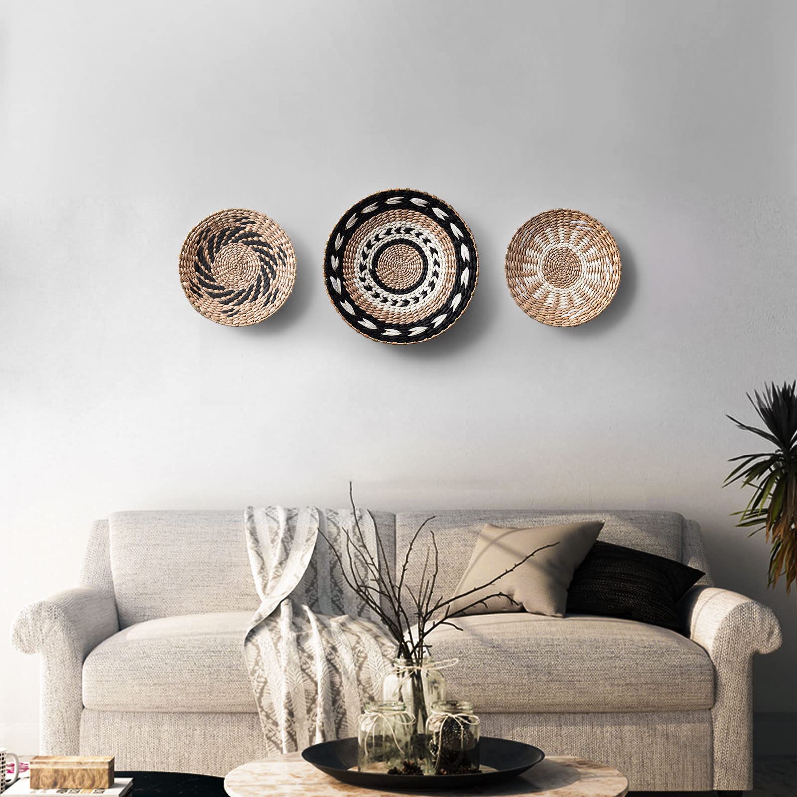Set di 3 cestini decorativi da parete, 100% fatti a mano, decorazione da parete in rattan, decorazione da parete rotonda in rattan per soggiorno o