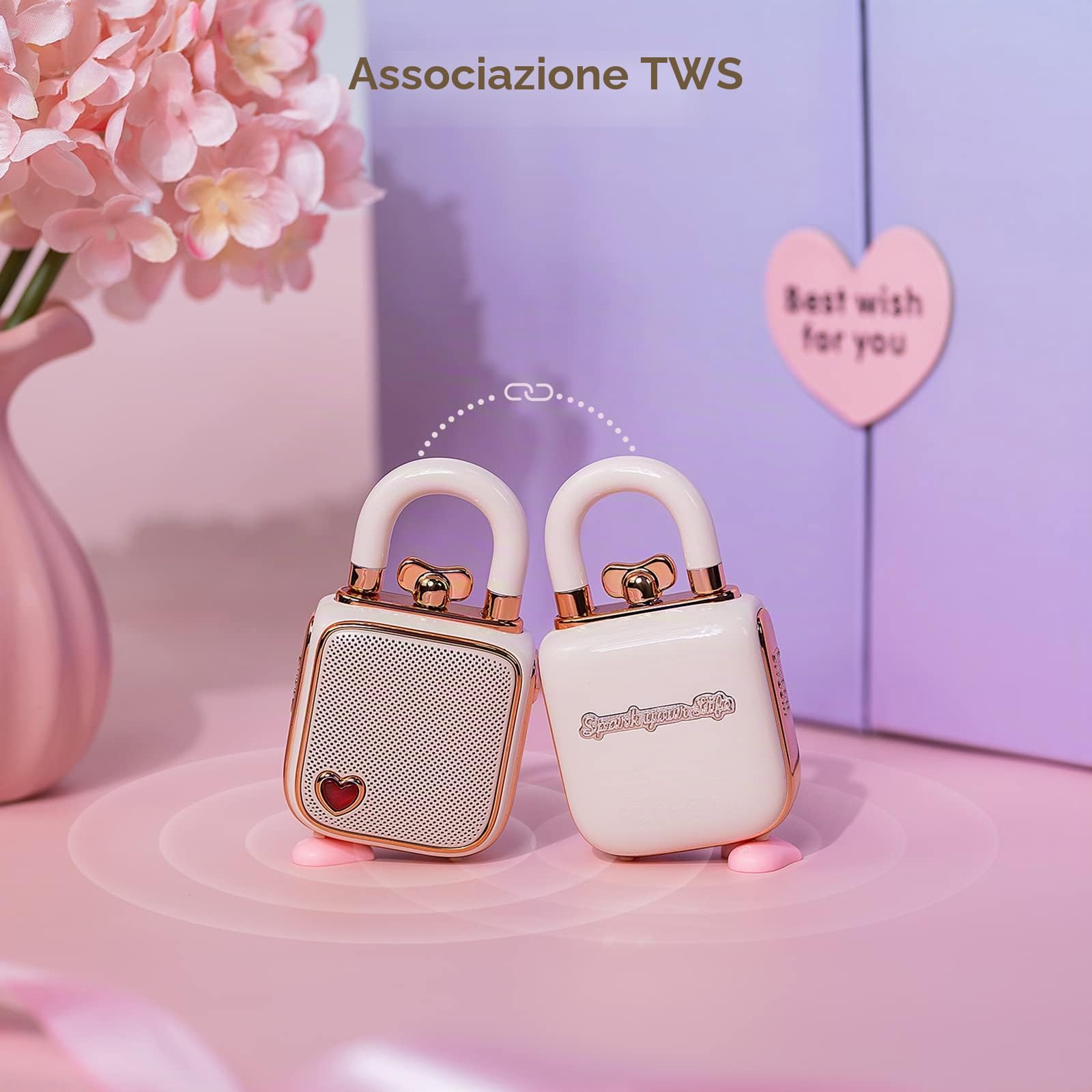 divoom Love-Lock, altoparlante Bluetooth, piccolo altoparlante portatile, wireless, stereo pairing retrò, decorazione da scrivania, per ragazze, rosa