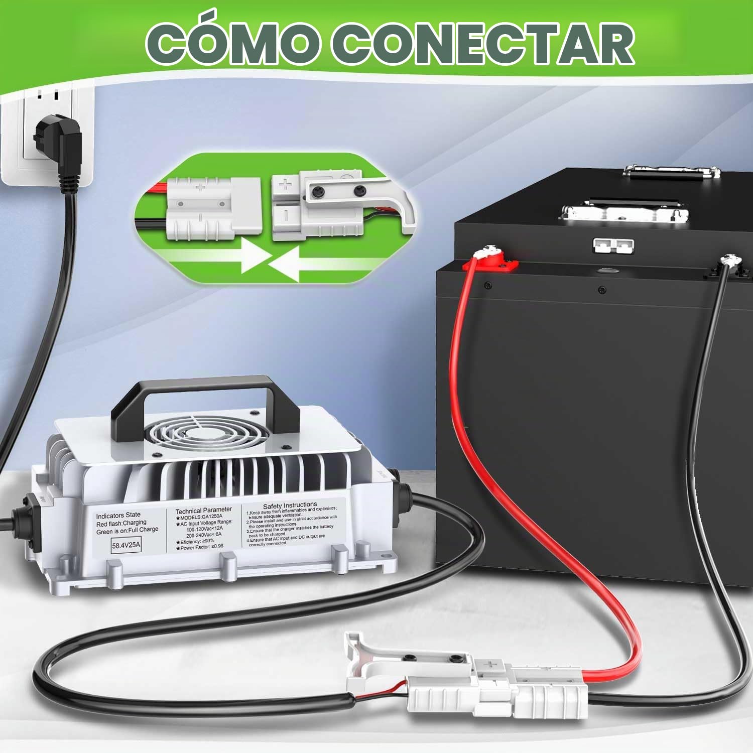 58,4V 25A Cargador de batería LiFePO4 para baterías Recargables de Ciclo Profundo de fosfato de Hierro y Litio de 48V (51,2V)