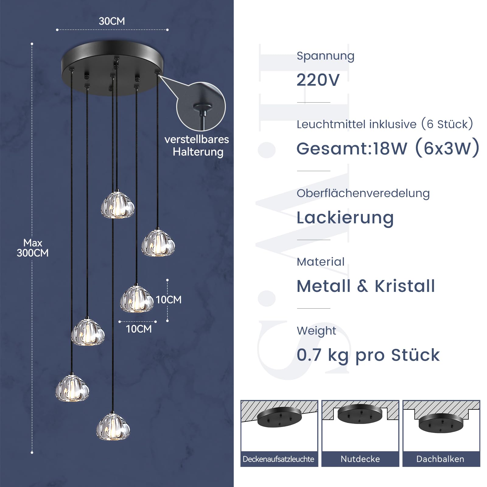 H.W.S Nowoczesna lampa wisząca LED, żyrandol Villa, regulowana wysokość, lampa wisząca szkło, do salonu, jadalni, przedpokoju, schodów, hotelu (6-punktowa, Okrągła, Czarna)