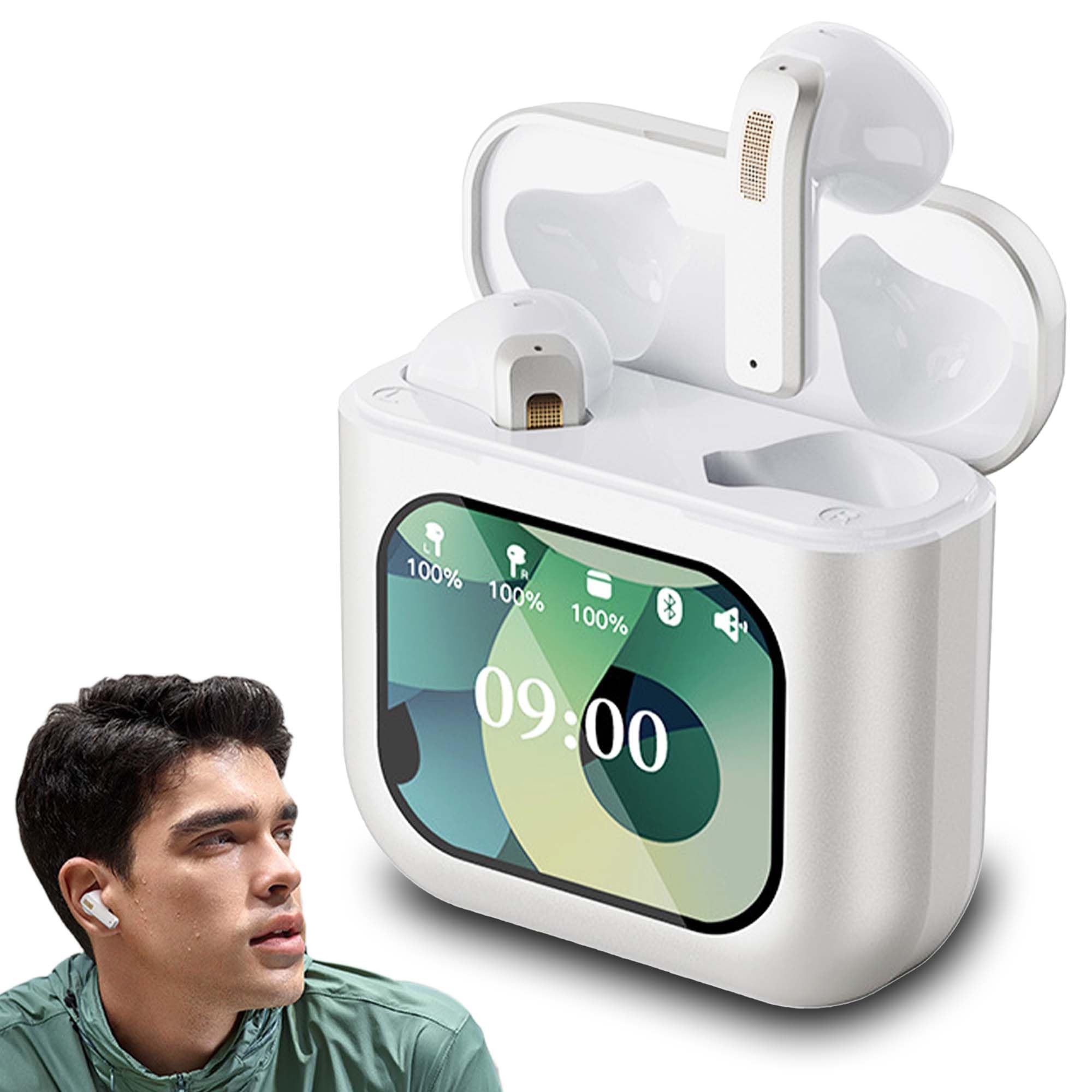 Auricolari Bluetooth in-ear, smart touchscreen, grande display con cancellazione del rumore, per sport, gioco, dormire, Hi-Fi, multilingue per smartphone, tablet, laptop, regalo (bianco)