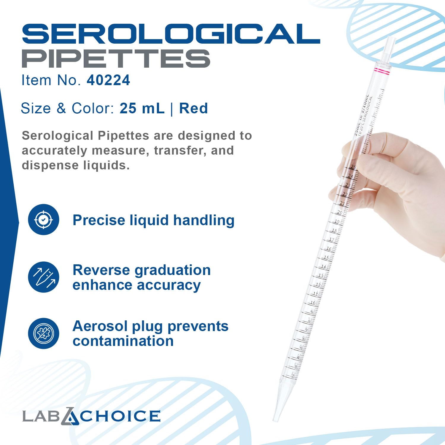 LabChoice Serological Pipettes - 200 Count - Plastic Disposable Sterile Pipettes, Individually Packed Graduated Transfer Pipette for Laboratory Use - 25mL, Red