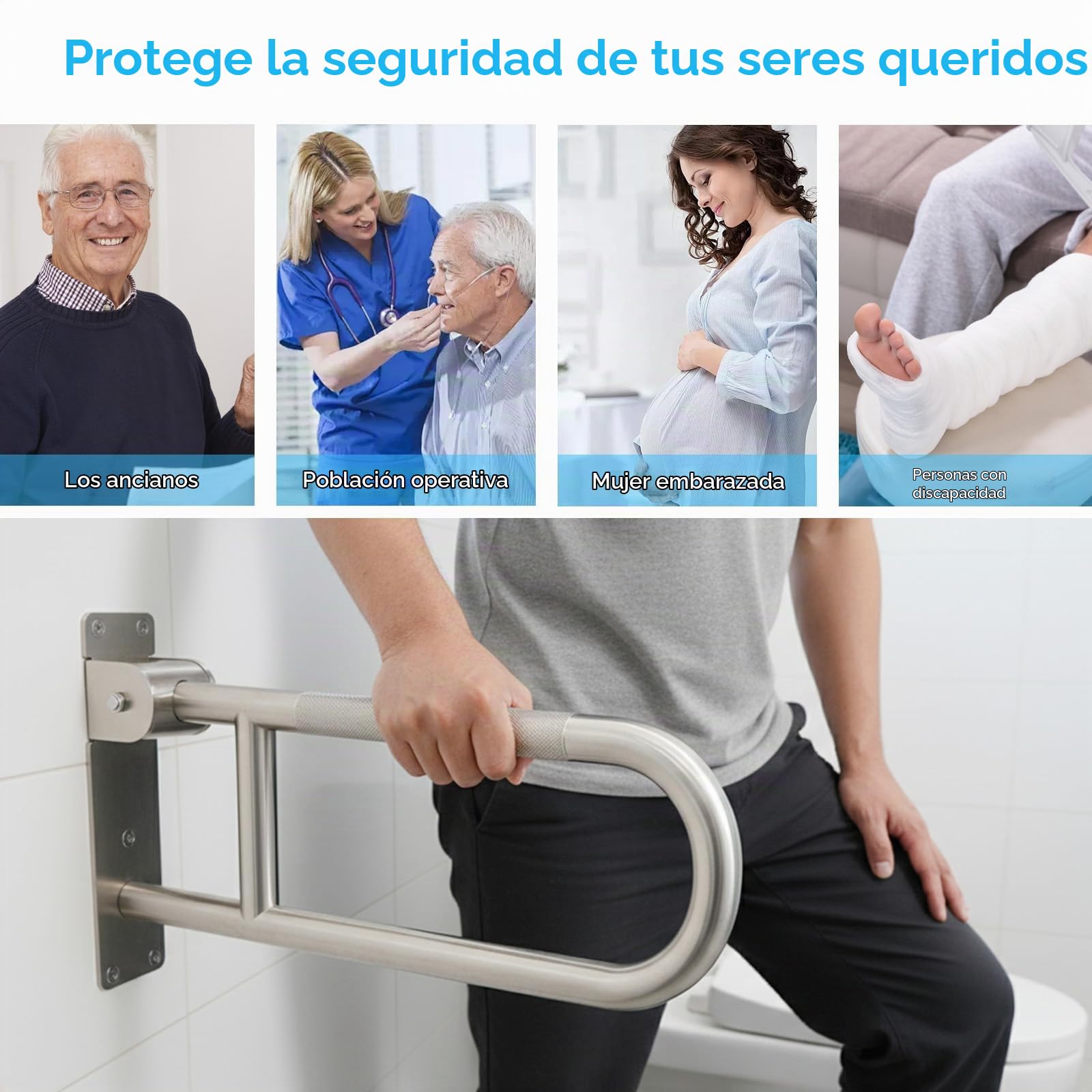 60cm Barra de Apoyo para Inodoro, Barras Minusvalidos Abatibles | Acero Inoxidable, Asidero Seguridad Baño Soporta 300-350 kg Antideslizante Montaje Pared Mango Agarre