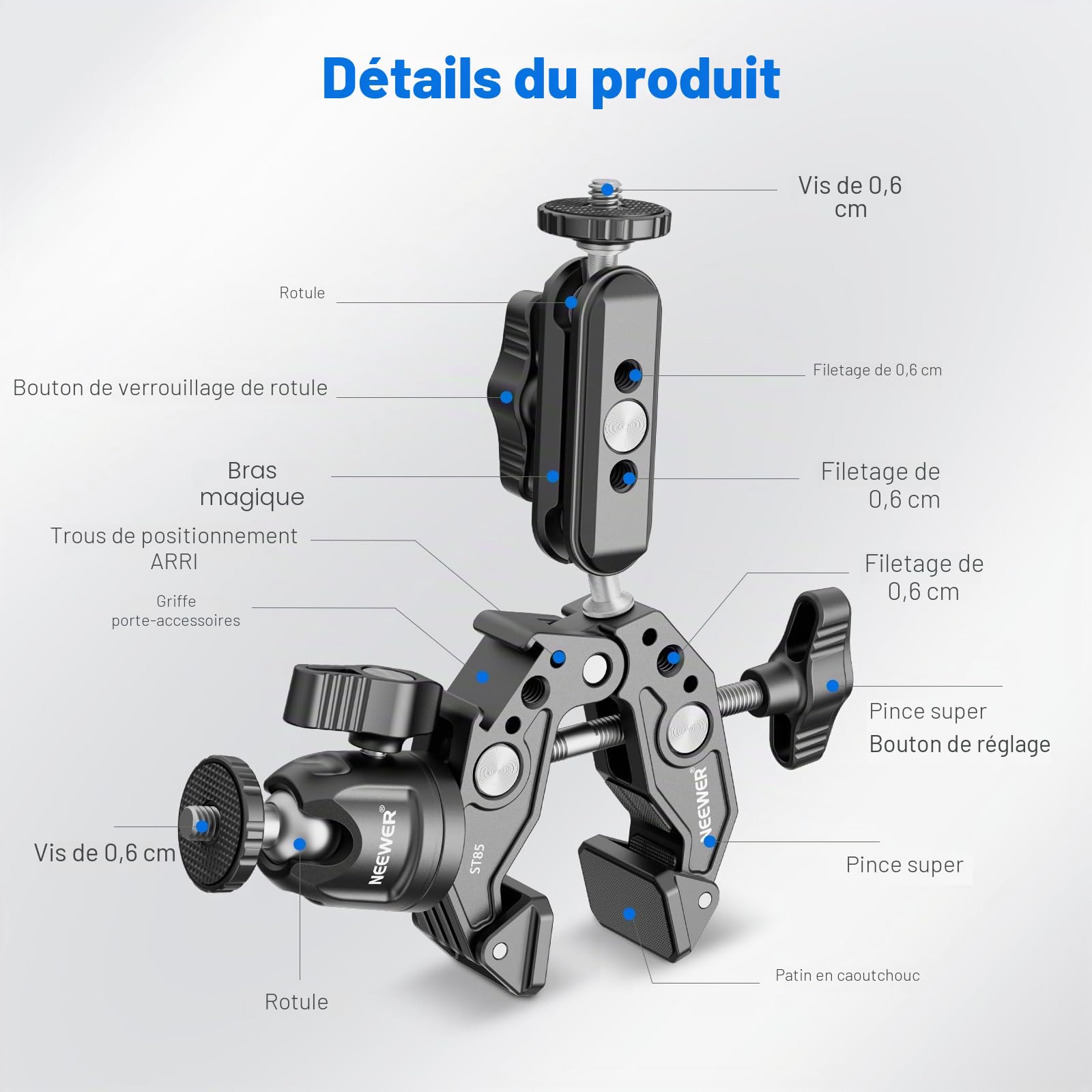 Neewer Super Pince avec Bras Magique à Double tête sphérique de 7,6 cm, Adaptateur de tête sphérique, Griffe, Support, Support de Pince pour caméra d'action pour Surface Plate/Ronde