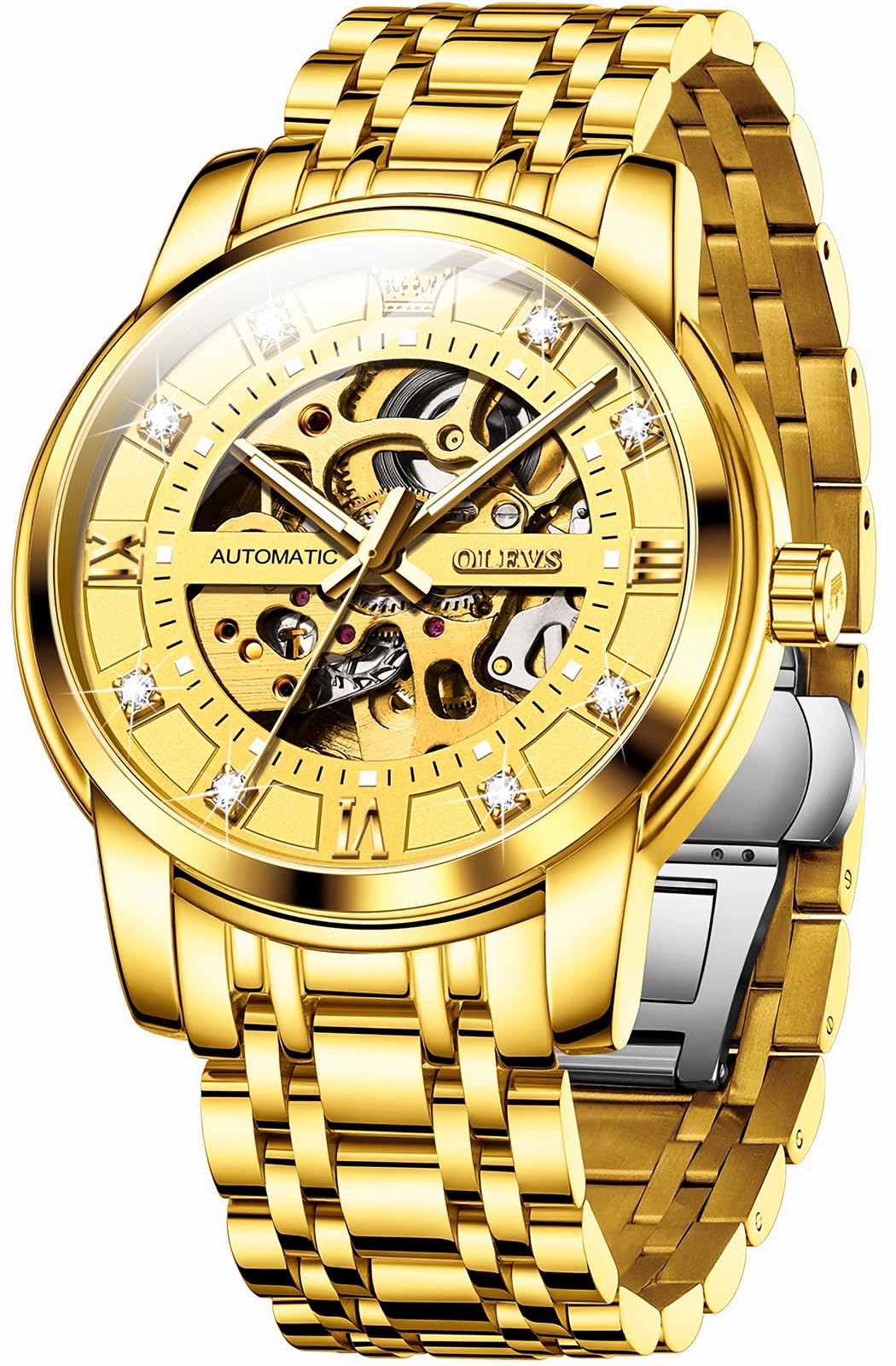 OLEVS Mens Automatic Watch Skeleton Diamond Luxury Mechanical Self Winding Dress Wrist Watch Waterproof Luminous