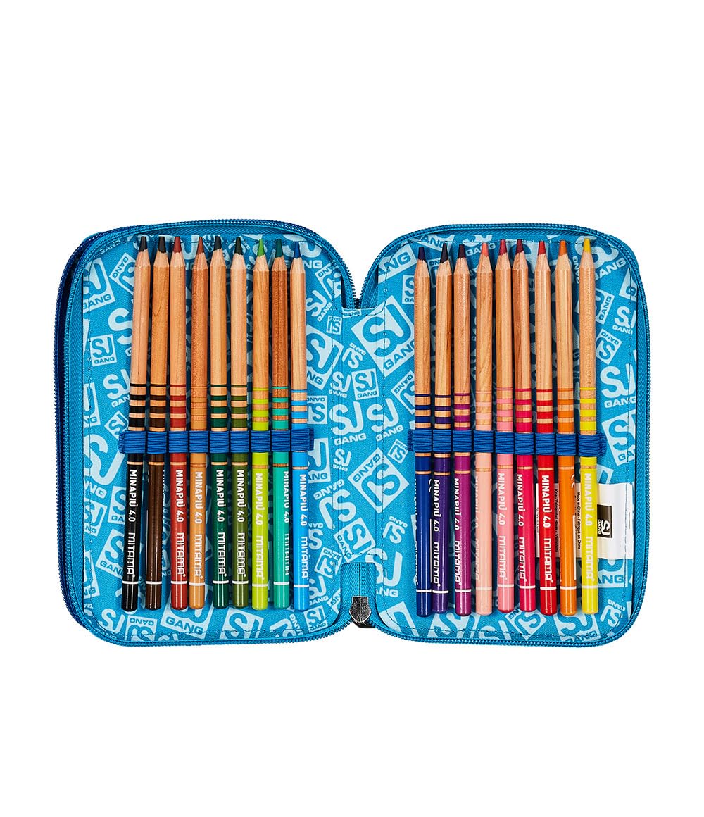 SJ Gang Astuccio Scuola 3 Zip, Blu,Facce Da SJ, Portapenne Triplo Scomparto Completo Di Penne, Matite, Colori, Accessori Zaino, Elementari, Medie, Bambino