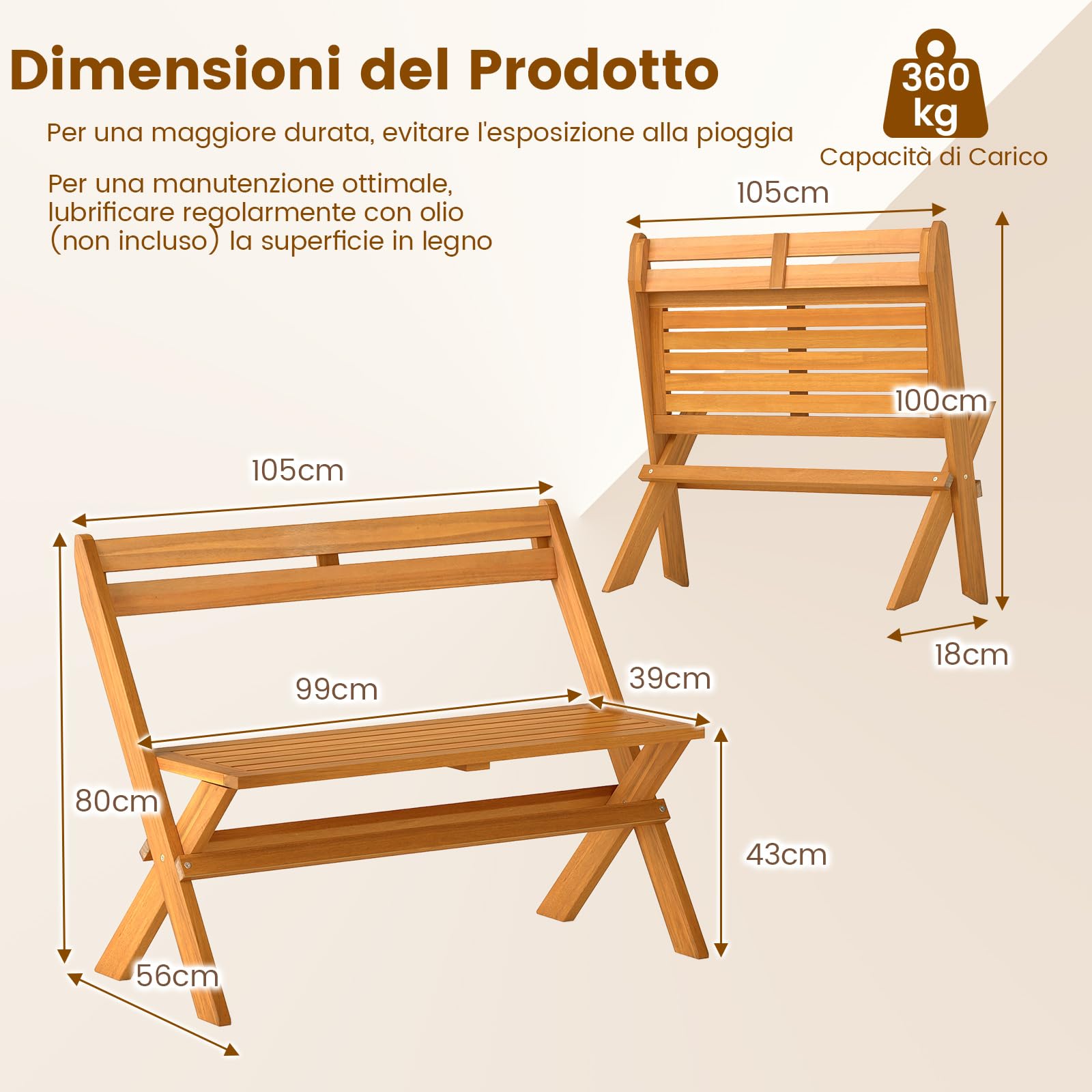 COSTWAY Panchina Pieghevole da Esterno, Panca da Giardino in Legno di Acacia per 2 Persone con Capacità di 360 kg, Panca da Esterno per Veranda, Balcone, Cortile e Parco
