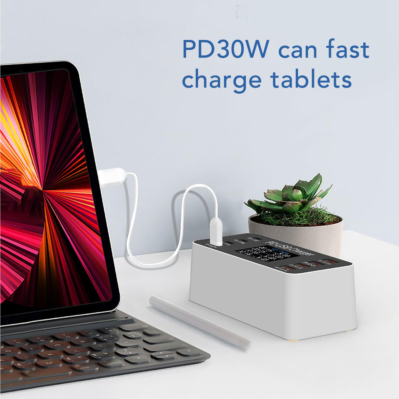 VBESTLIFE Stazione di Ricarica USB a 8 Porte, Caricabatterie Multiporta | 4 Prese USB A, 4 Prese USB C, Ricarica Rapida PD da 30 W, Display LCD, Distribuzione Intelligente 'energia, Ignifugo